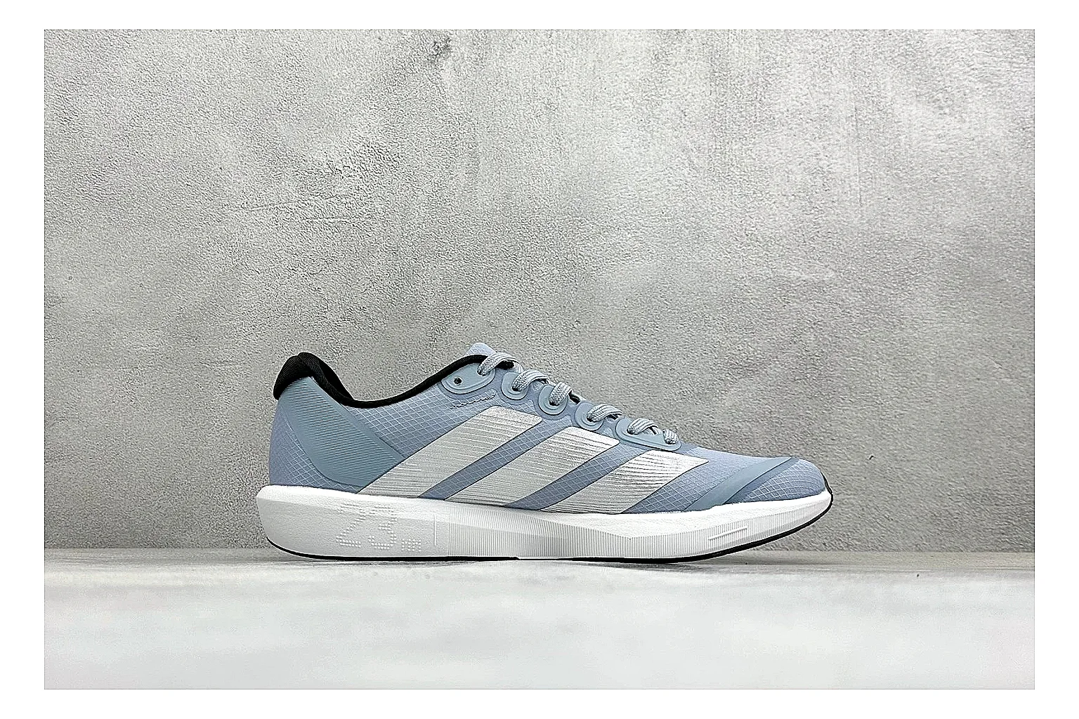 Adidas Adizero Grey Blue spreadsheet record photo showing grey lightweight runner upper, blue Adidas striping, slim racing shape, and low performance sole thumbnail 6