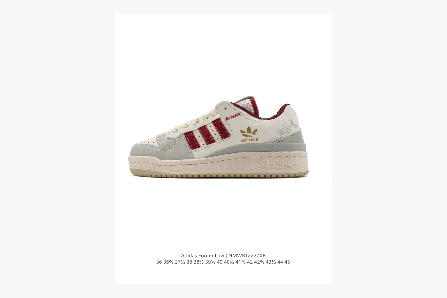 Adidas Forum Low White Burgundy spreadsheet record photo showing white leather low-top upper, burgundy three-stripe accents, gum sole, padded court profile, and strap-style Forum shape