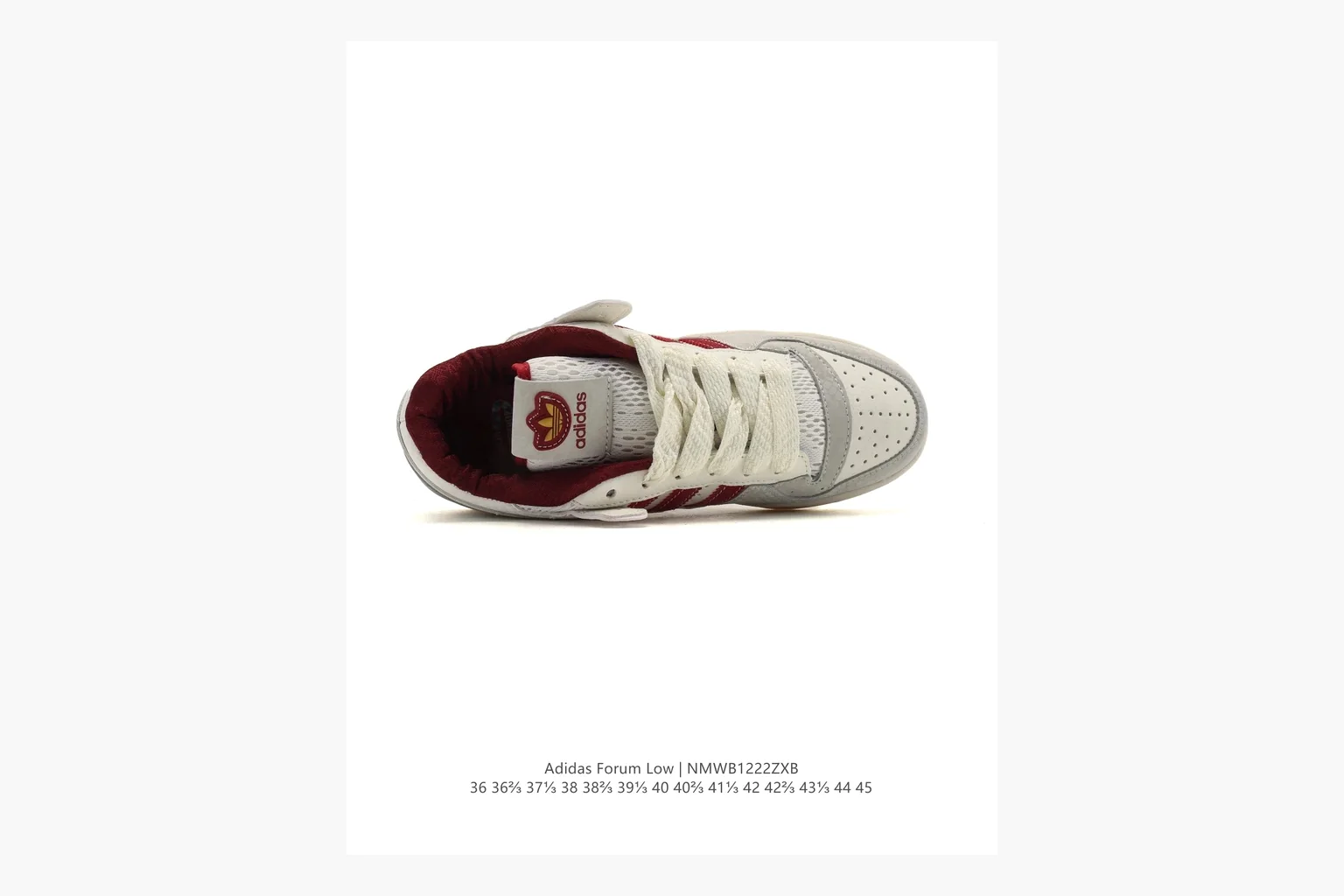 Adidas Forum Low White Burgundy spreadsheet record photo showing white leather low-top upper, burgundy three-stripe accents, gum sole, padded court profile, and strap-style Forum shape thumbnail 2