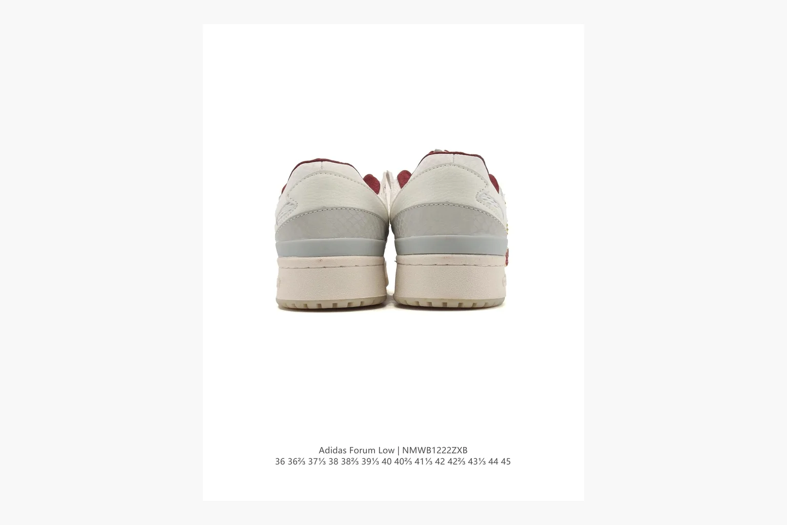 Adidas Forum Low White Burgundy spreadsheet record photo showing white leather low-top upper, burgundy three-stripe accents, gum sole, padded court profile, and strap-style Forum shape thumbnail 3