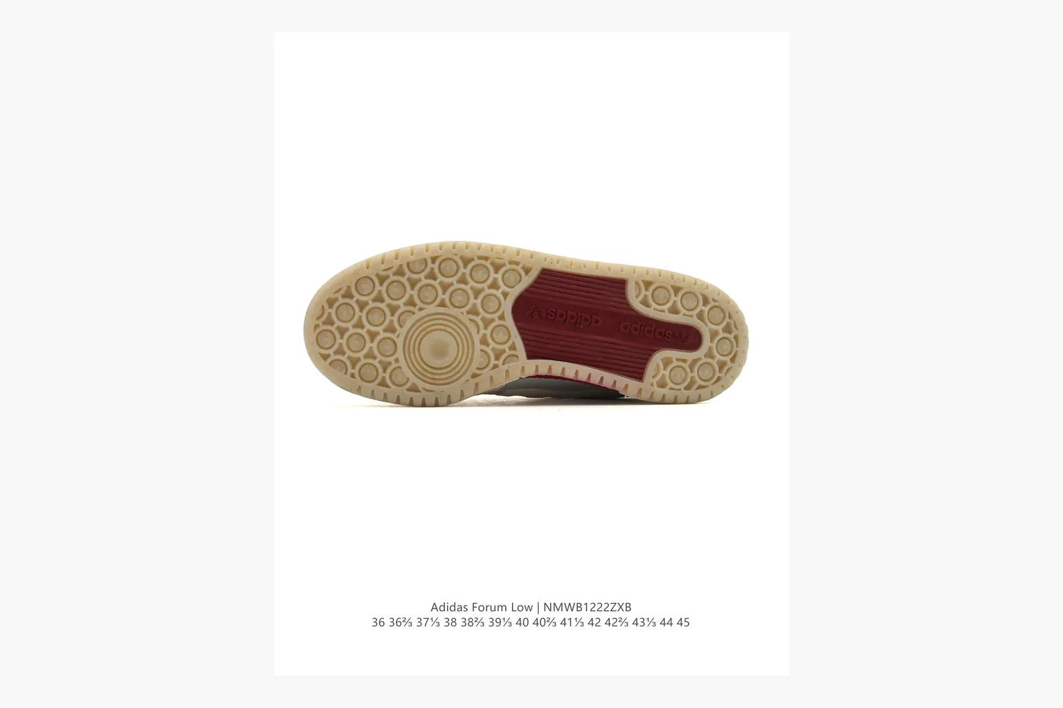 Adidas Forum Low White Burgundy spreadsheet record photo showing white leather low-top upper, burgundy three-stripe accents, gum sole, padded court profile, and strap-style Forum shape