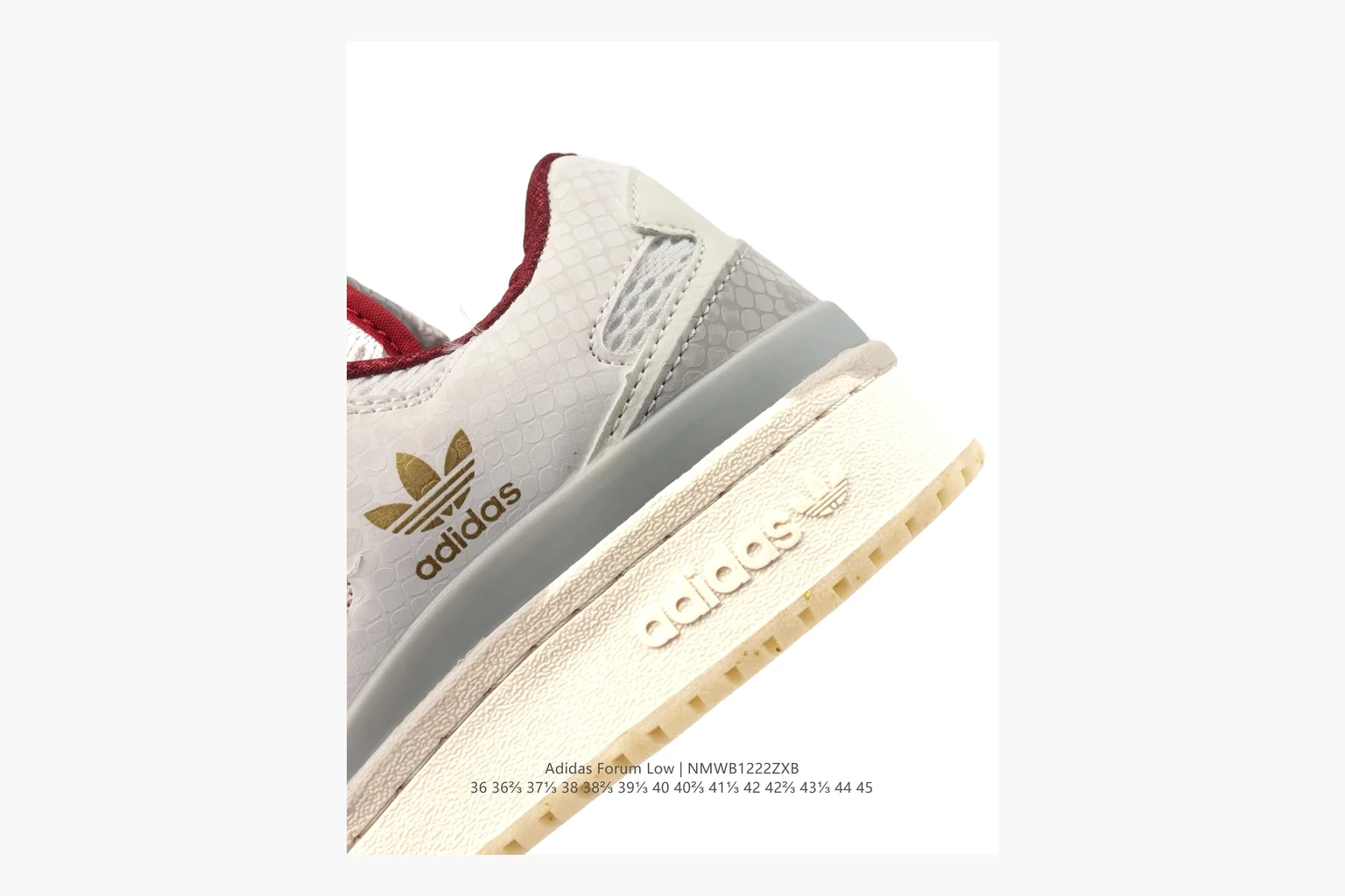 Adidas Forum Low White Burgundy spreadsheet record photo showing white leather low-top upper, burgundy three-stripe accents, gum sole, padded court profile, and strap-style Forum shape thumbnail 5