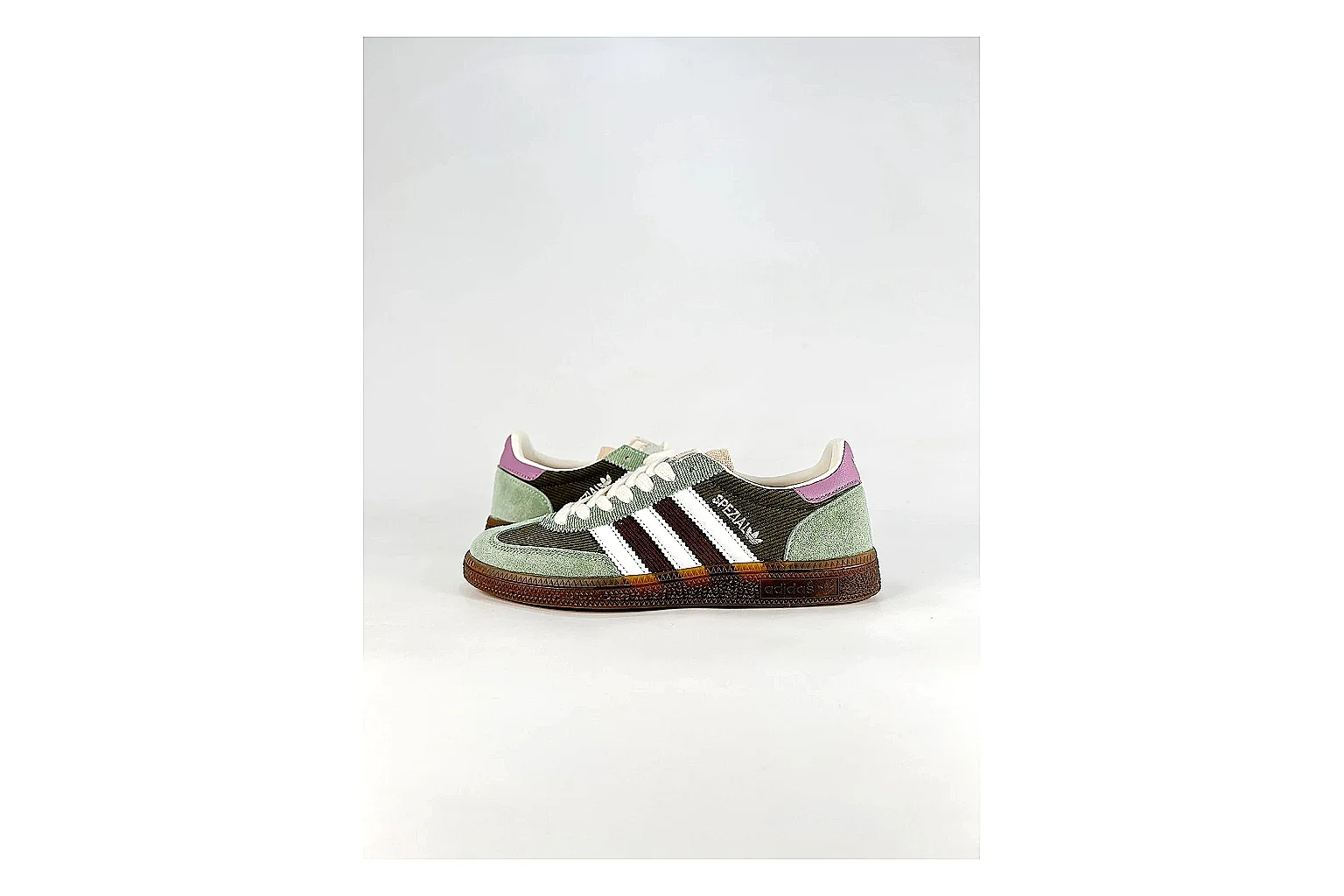 Adidas Originals Handball Spezial Green Brown Sneakers spreadsheet record image with green brown handball sneakers with suede-leather texture, side-profile shape, upper panel lines, and outsole detail