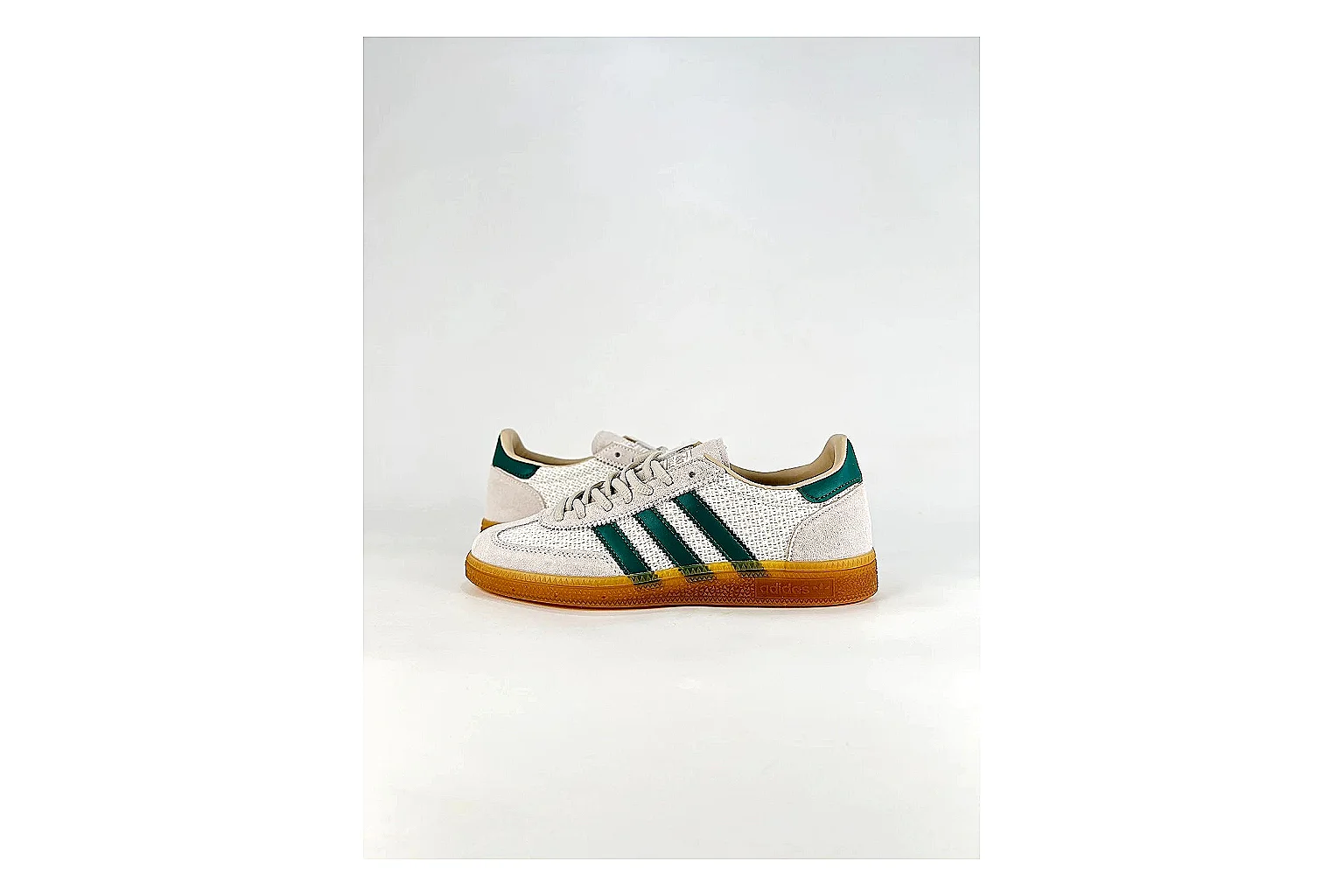 Adidas Originals Handball Spezial White Green Sneakers spreadsheet record image with white green handball sneakers with suede-leather texture, side-profile shape, upper panel lines, and outsole detail