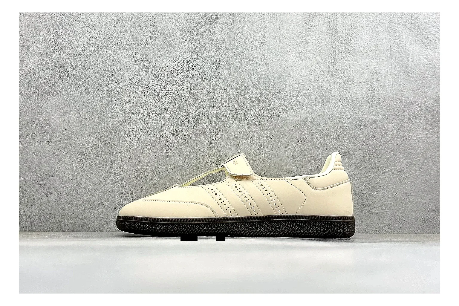 Adidas Samba Jane Cream spreadsheet record photo showing cream Mary Jane upper, dark gum outsole, Samba-style side stripes, and low strap silhouette