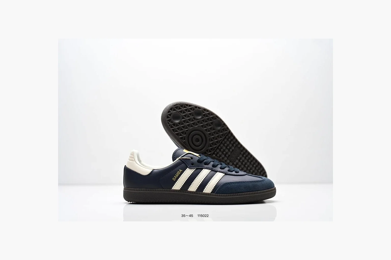 Adidas Samba OG Black White Gold spreadsheet record photo showing black leather-suede low-top upper, white three stripes, gold tongue label, gum sole, and classic Samba side profile thumbnail 3