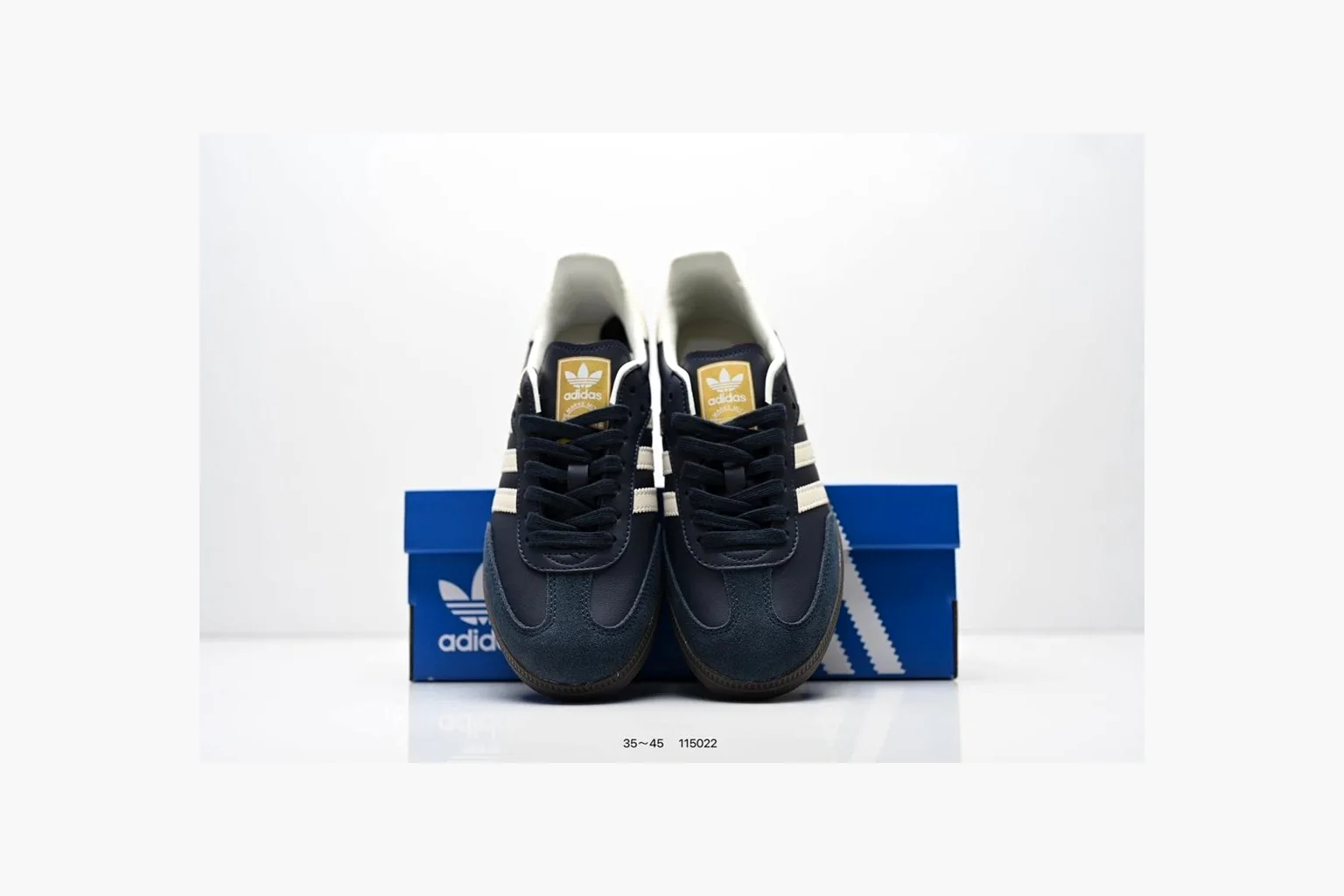 Adidas Samba OG Black White Gold spreadsheet record photo showing black leather-suede low-top upper, white three stripes, gold tongue label, gum sole, and classic Samba side profile thumbnail 5