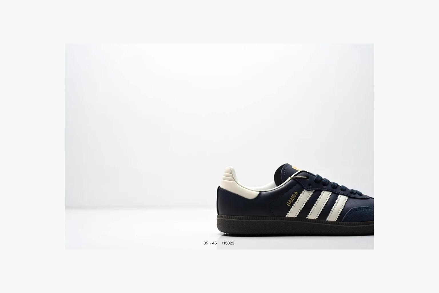 Adidas Samba OG Black White Gold spreadsheet record photo showing black leather-suede low-top upper, white three stripes, gold tongue label, gum sole, and classic Samba side profile thumbnail 6