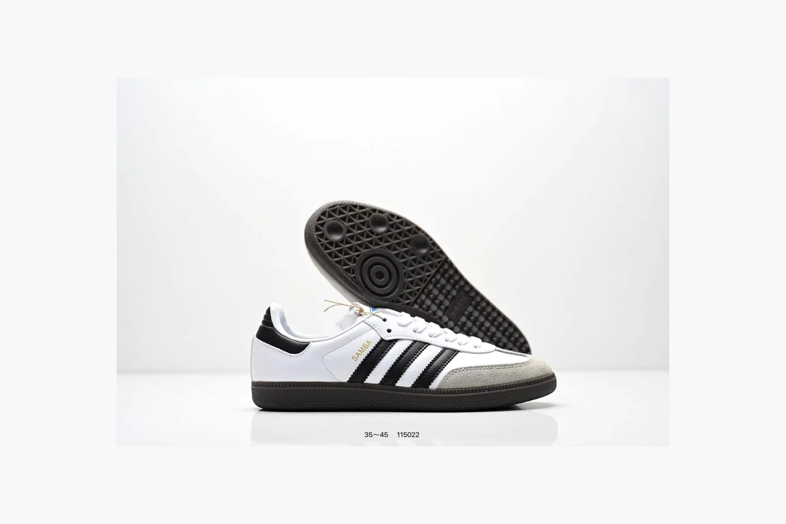 Adidas Samba OG White Black Blue spreadsheet record photo showing white leather-suede low-top upper, black three stripes, blue heel detail, gum terrace sole, and slim Samba profile thumbnail 3