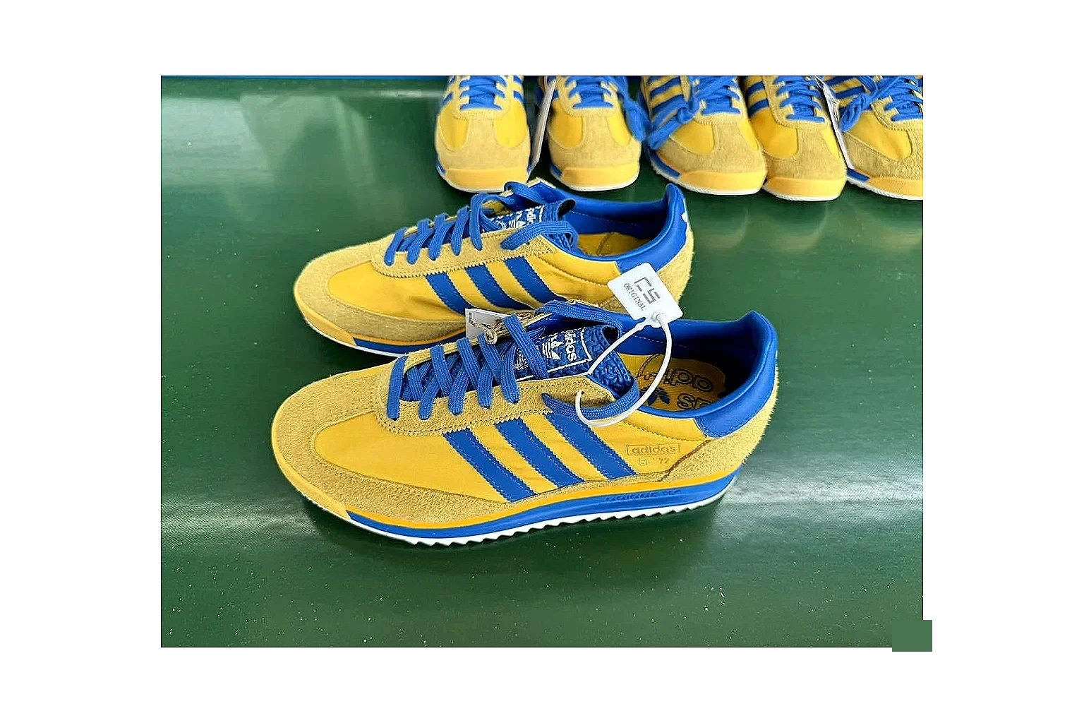 Adidas SL 72 RS Yellow Blue Sheetbase record image with yellow blue sl 72 rs retro runner with mixed upper and runner shape