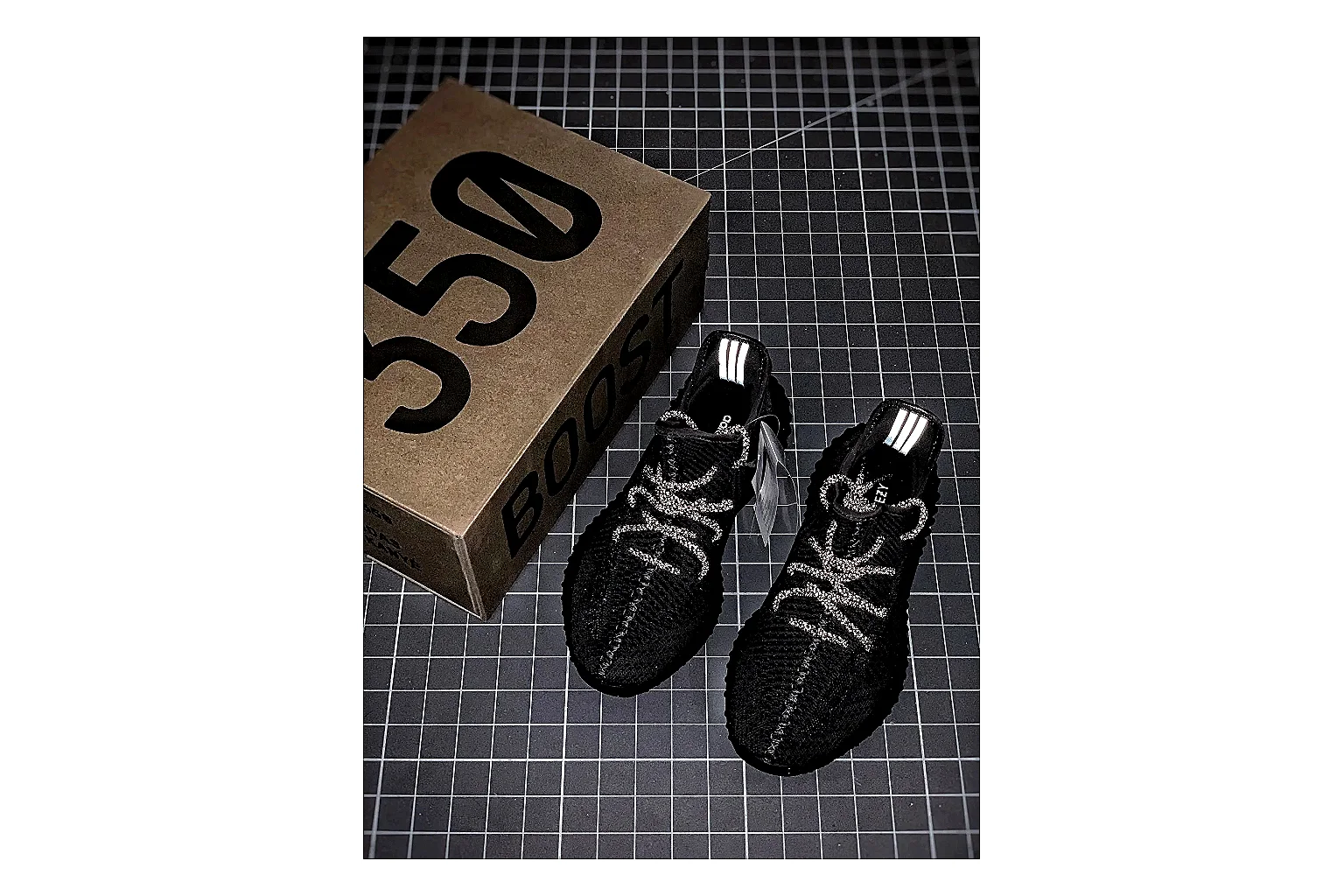 Adidas Yeezy 350 Boost Black Sheetbase record image with black yeezy 350 knit runner with knit upper and knit shape thumbnail 3