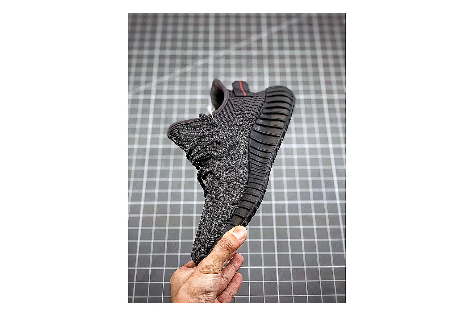Adidas Yeezy 350 Boost Black Sheetbase record image with black yeezy 350 knit runner with knit upper and knit shape thumbnail 5