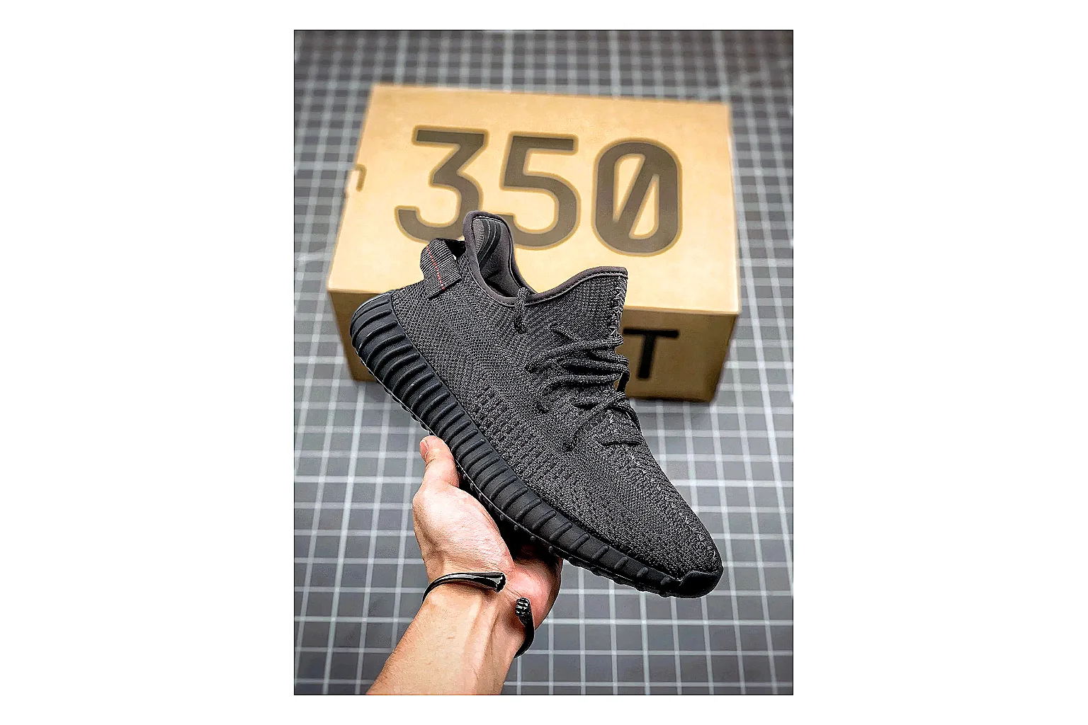 Adidas Yeezy 350 Boost Black Sheetbase record image with black yeezy 350 knit runner with knit upper and knit shape thumbnail 6