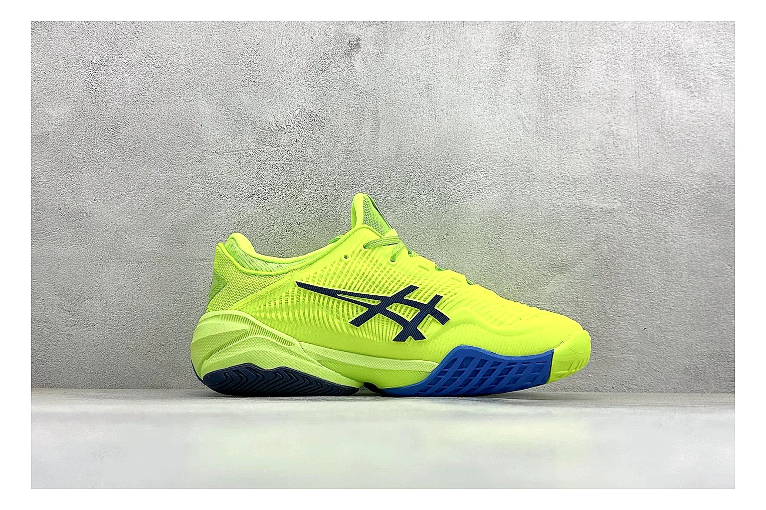 Asics Court FF Volt Blue spreadsheet record photo showing bright volt and blue court upper, supportive sole wall, Asics side lines, and stable tennis profile thumbnail 6