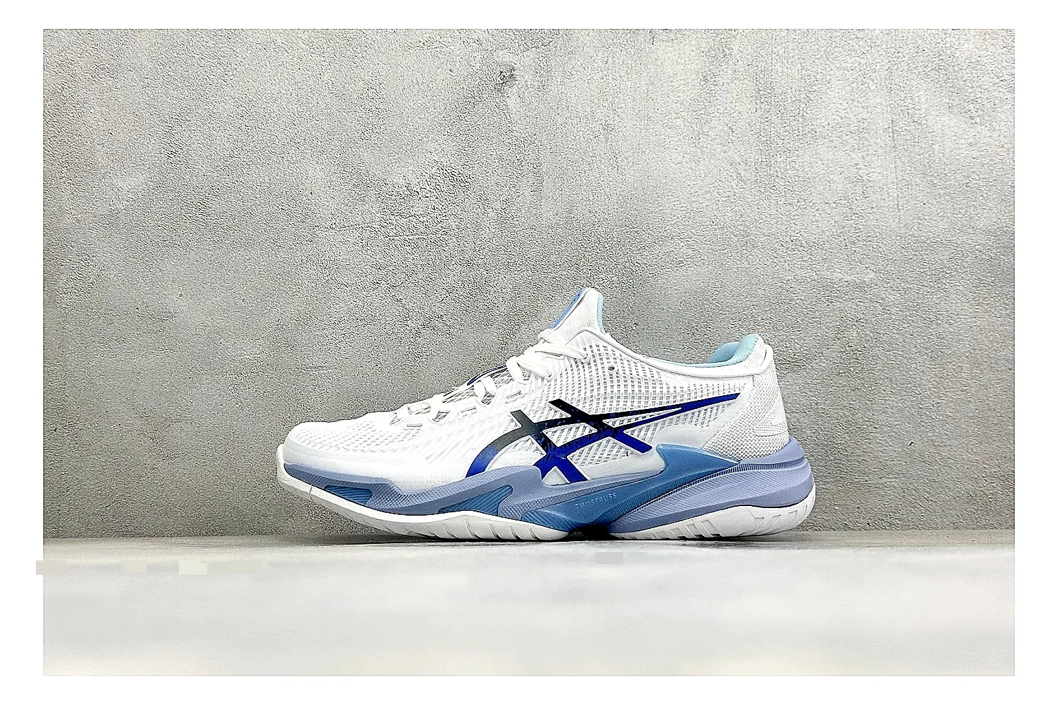 Asics Court FF White Blue spreadsheet record photo showing white tennis upper, blue Asics side lines, supportive sole wall, and stable court profile