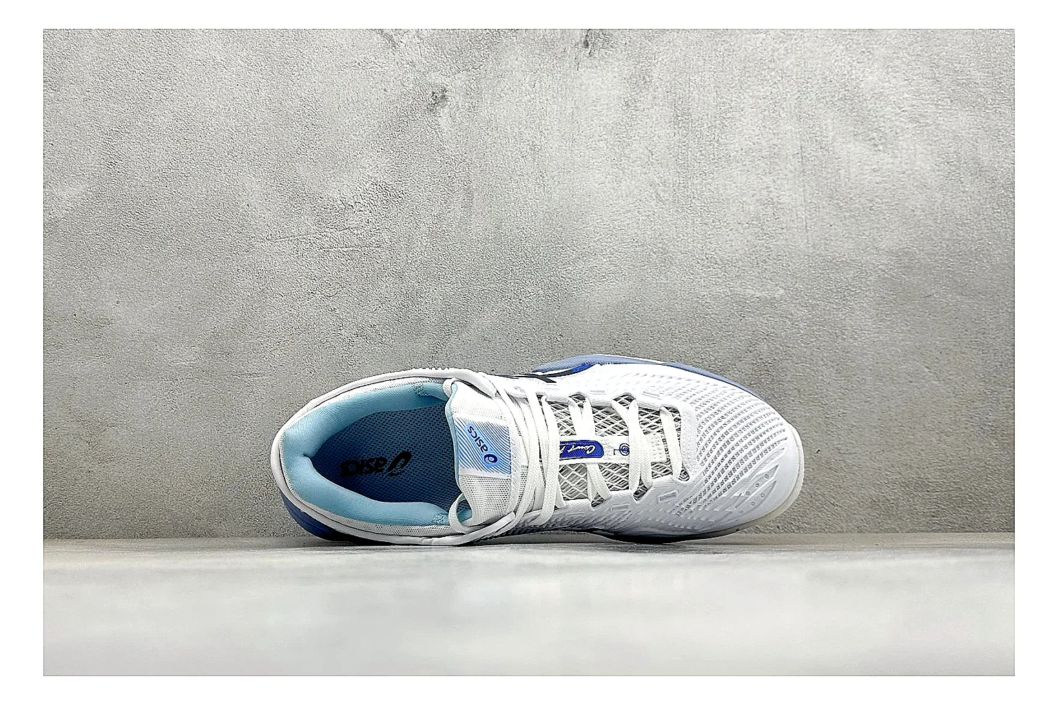 Asics Court FF White Blue spreadsheet record photo showing white tennis upper, blue Asics side lines, supportive sole wall, and stable court profile thumbnail 2