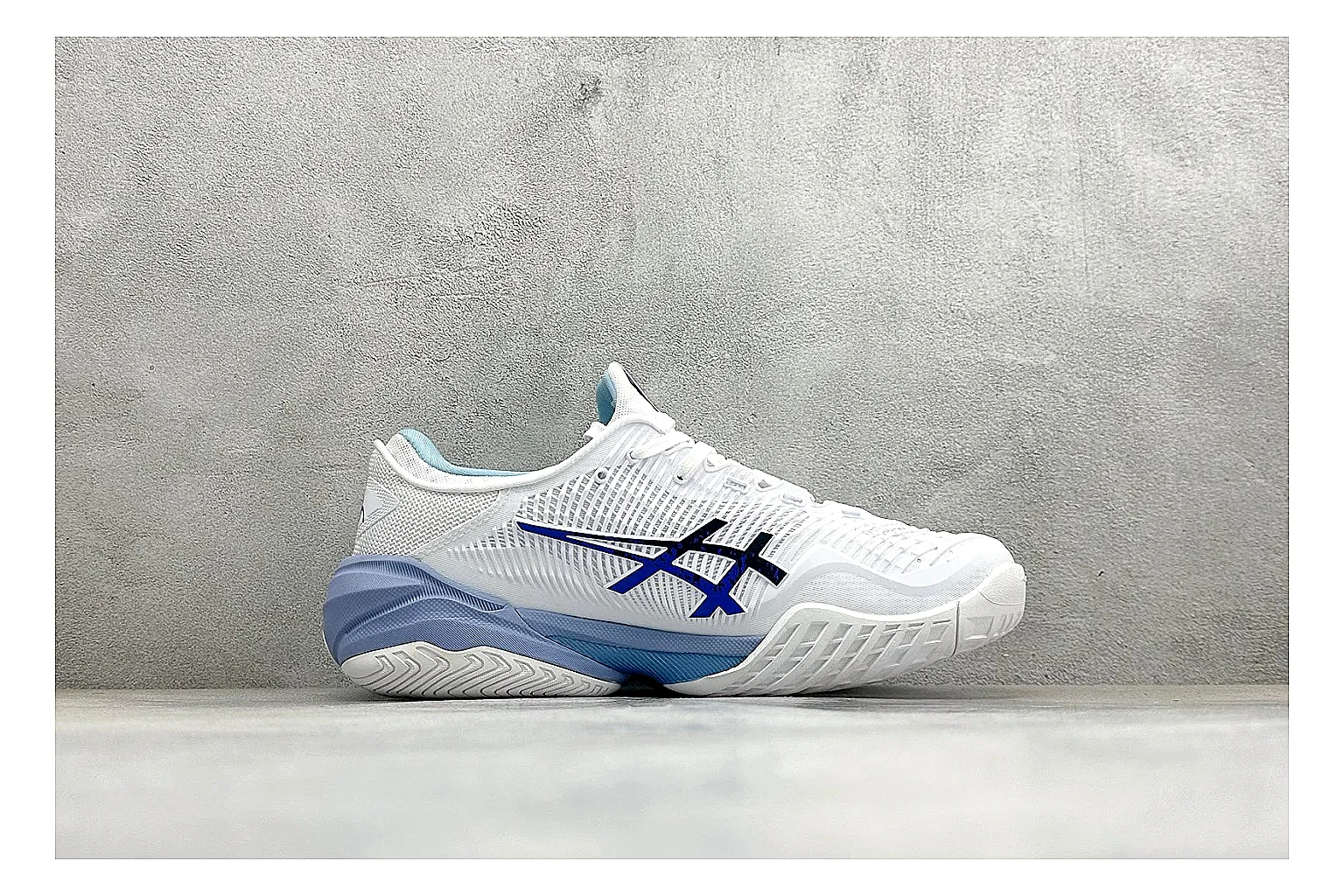 Asics Court FF White Blue spreadsheet record photo showing white tennis upper, blue Asics side lines, supportive sole wall, and stable court profile thumbnail 6