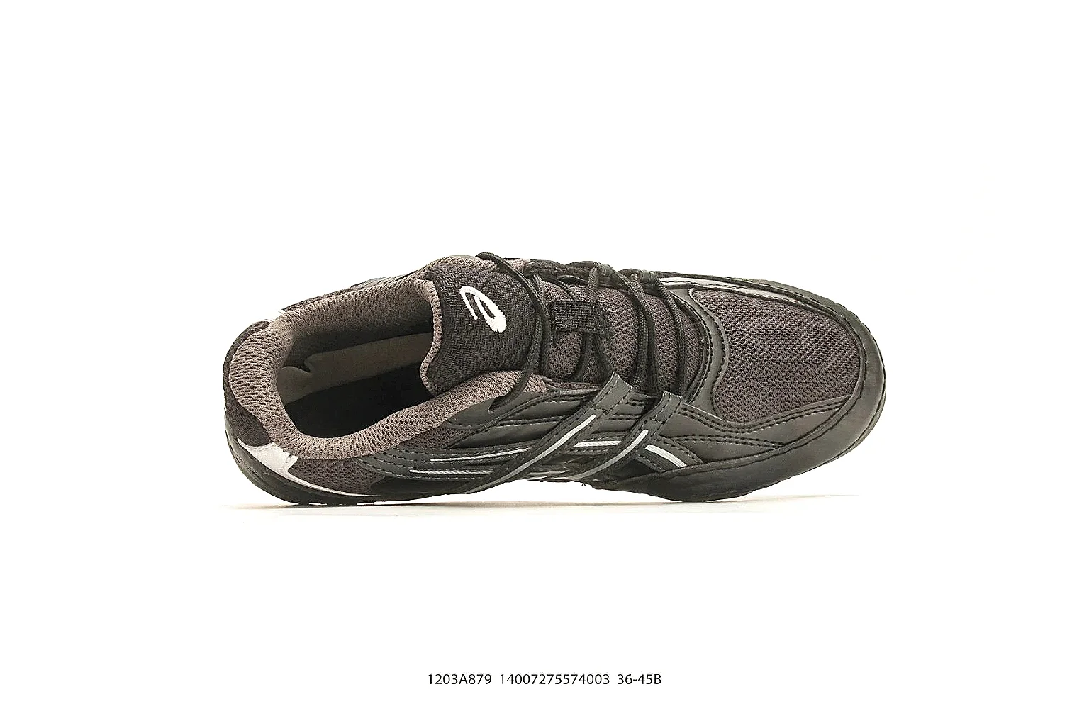 Asics Gel Runner Black Gray spreadsheet record photo showing black gray mesh-leather upper, layered runner panels, Asics side stripes, and cushioned retro sole thumbnail 2