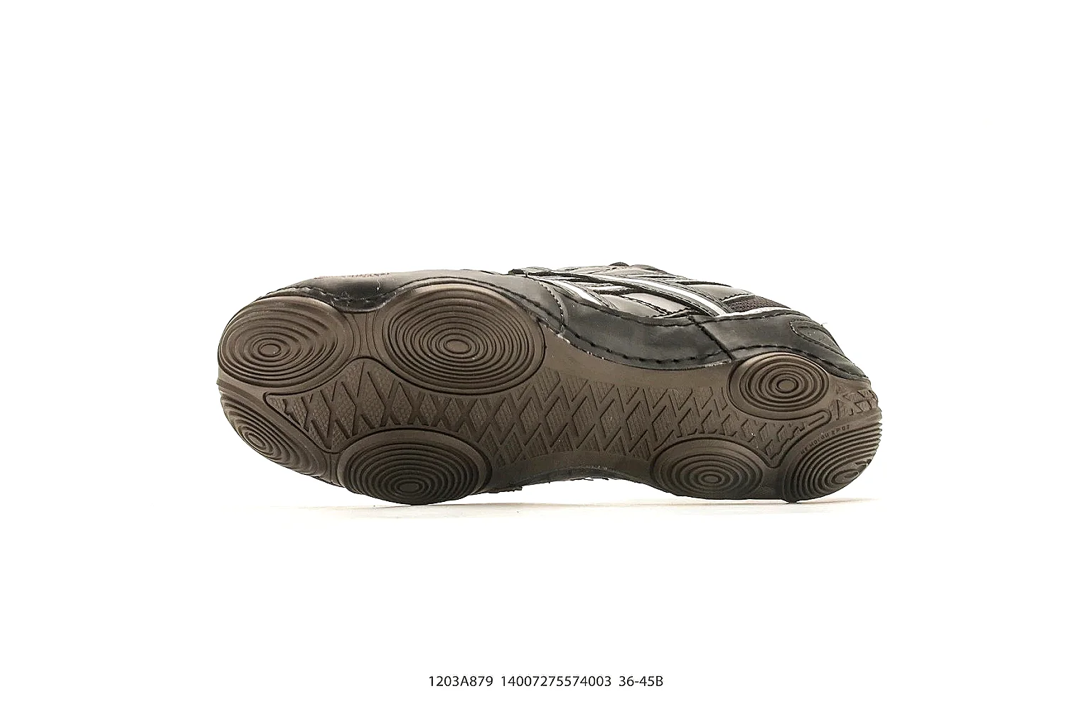 Asics Gel Runner Black Gray spreadsheet record photo showing black gray mesh-leather upper, layered runner panels, Asics side stripes, and cushioned retro sole