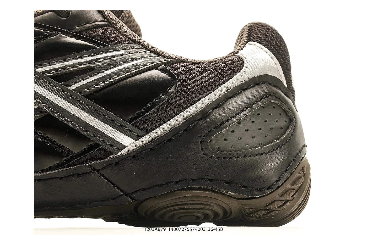 Asics Gel Runner Black Gray spreadsheet record photo showing black gray mesh-leather upper, layered runner panels, Asics side stripes, and cushioned retro sole thumbnail 5