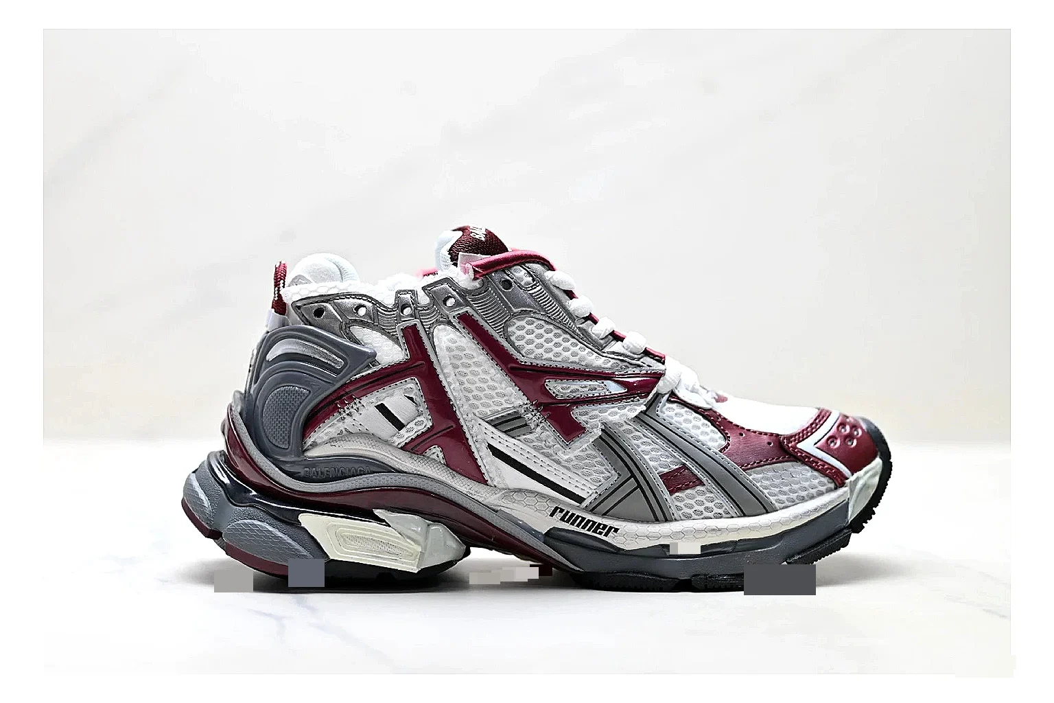 Asics Gel Runner Gray Burgundy spreadsheet record photo showing gray mesh-leather runner upper, burgundy Asics accents, retro runner shape, and cushioned sole