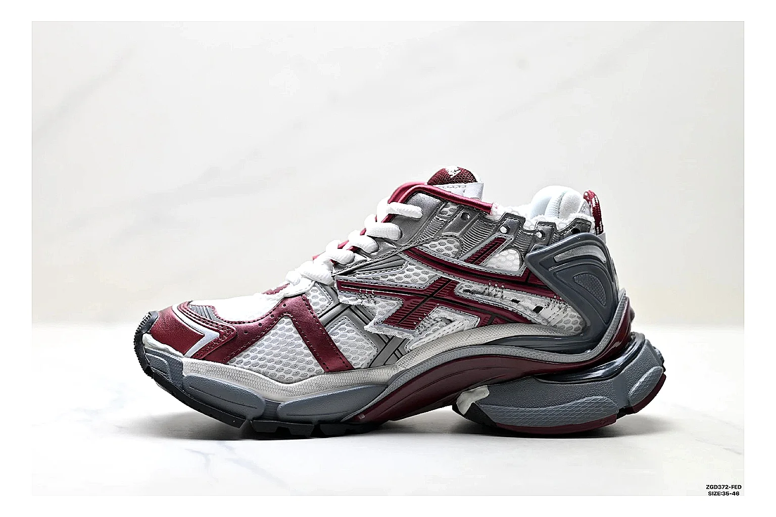Asics Gel Runner Gray Burgundy spreadsheet record photo showing gray mesh-leather runner upper, burgundy Asics accents, retro runner shape, and cushioned sole thumbnail 2