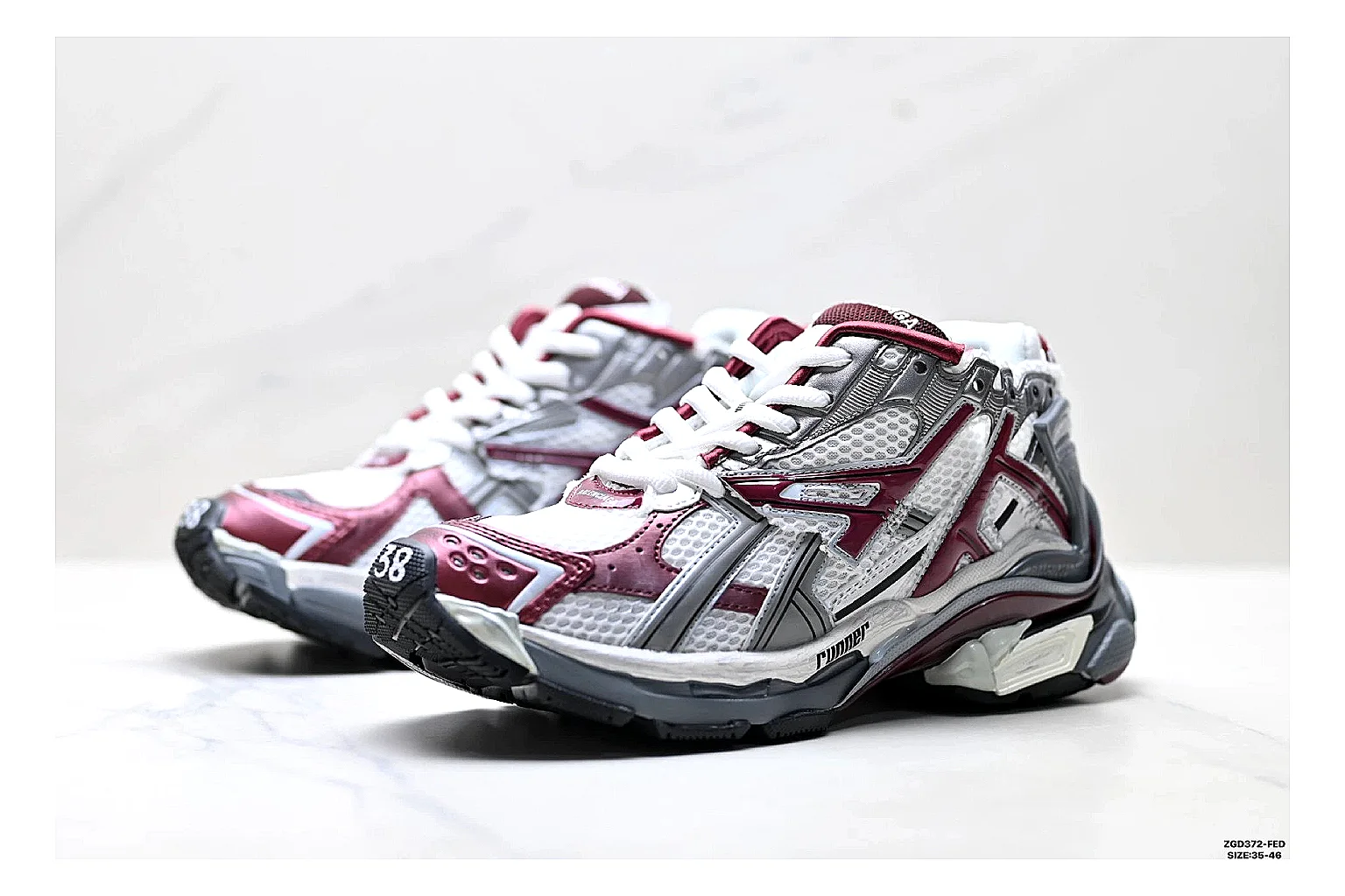 Asics Gel Runner Gray Burgundy spreadsheet record photo showing gray mesh-leather runner upper, burgundy Asics accents, retro runner shape, and cushioned sole