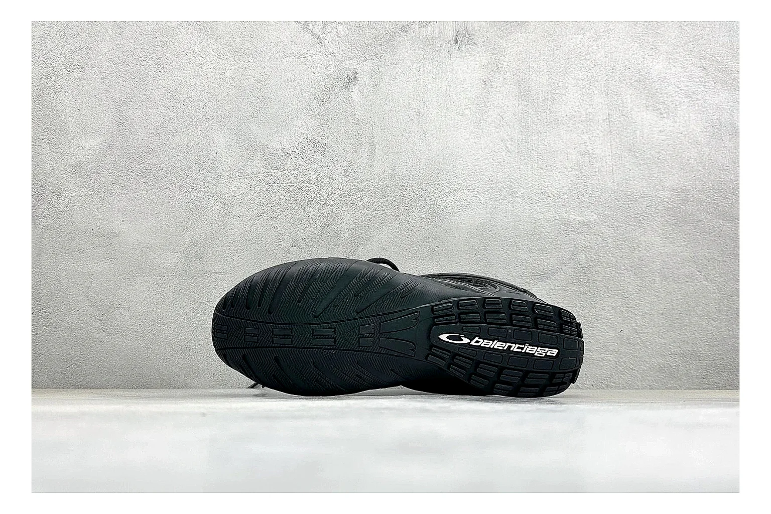 Balenciaga Track Black Low-Top spreadsheet record photo showing black layered technical upper, complex paneling, chunky runner sole, and tactical low-top shape