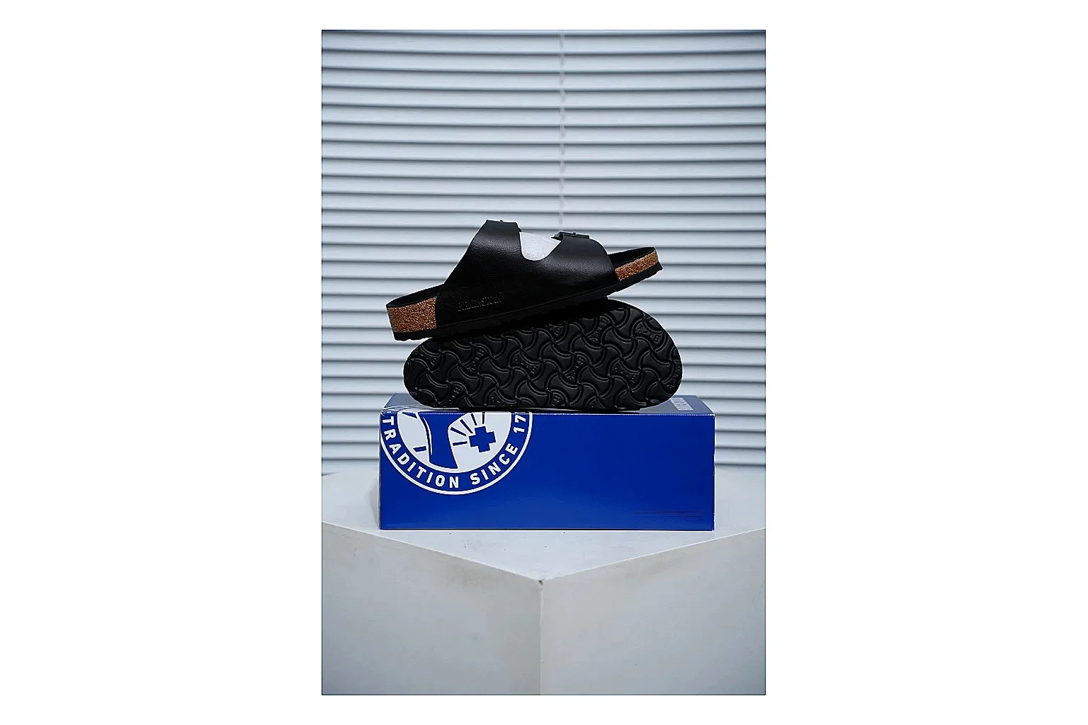 Birkenstock Arizona Black Cork Slide Sheetbase record image with adjustable buckles, contoured footbed and dark outsole for versatile casual looks thumbnail 2