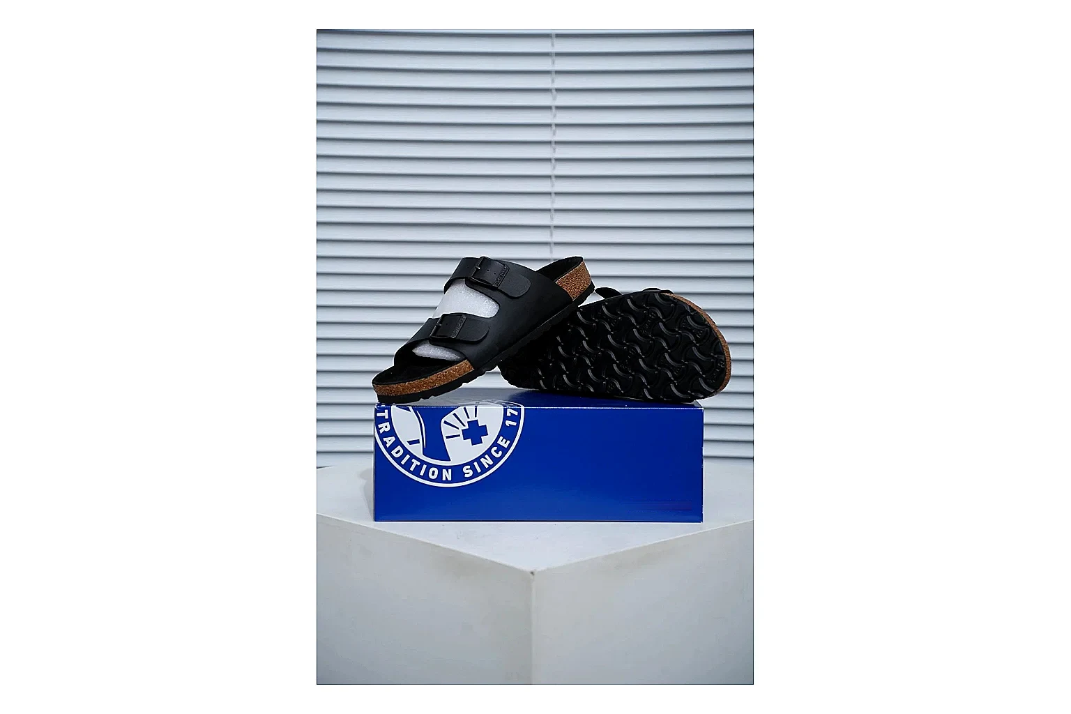 Birkenstock Arizona Black Cork Slide Sheetbase record image with adjustable buckles, contoured footbed and dark outsole for versatile casual looks thumbnail 6