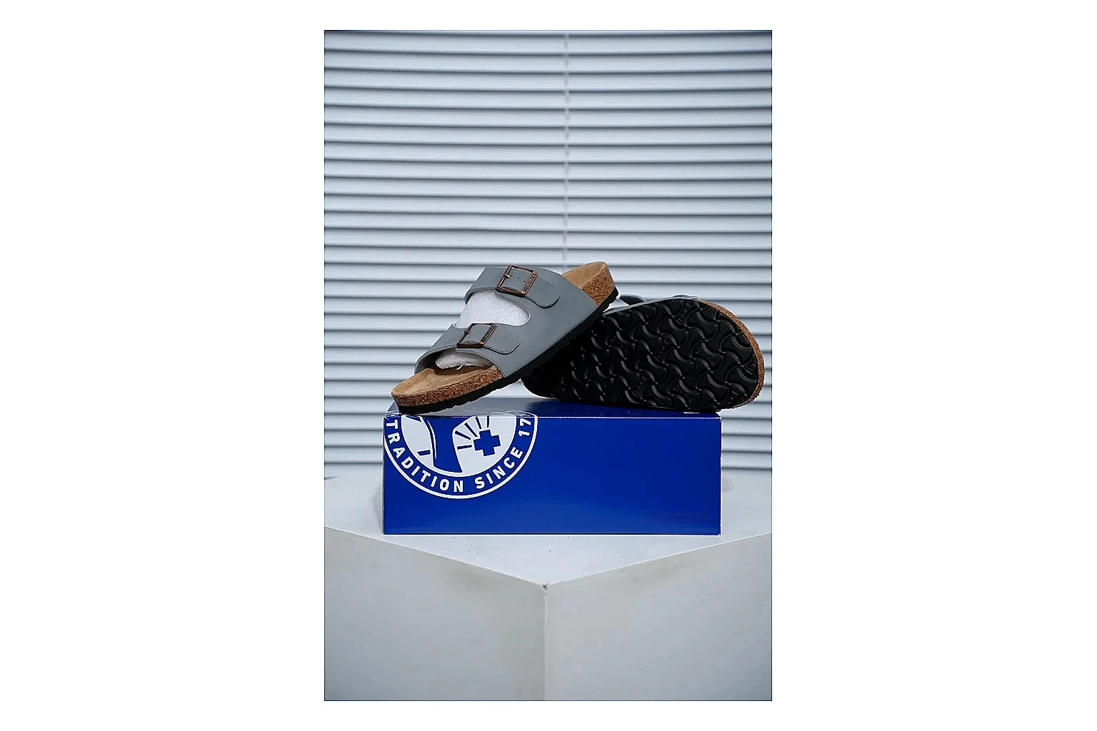 Birkenstock Arizona Charcoal Cork Slide Sheetbase record image with adjustable buckles, molded cork footbed and dark outsole for understated everyday style thumbnail 6