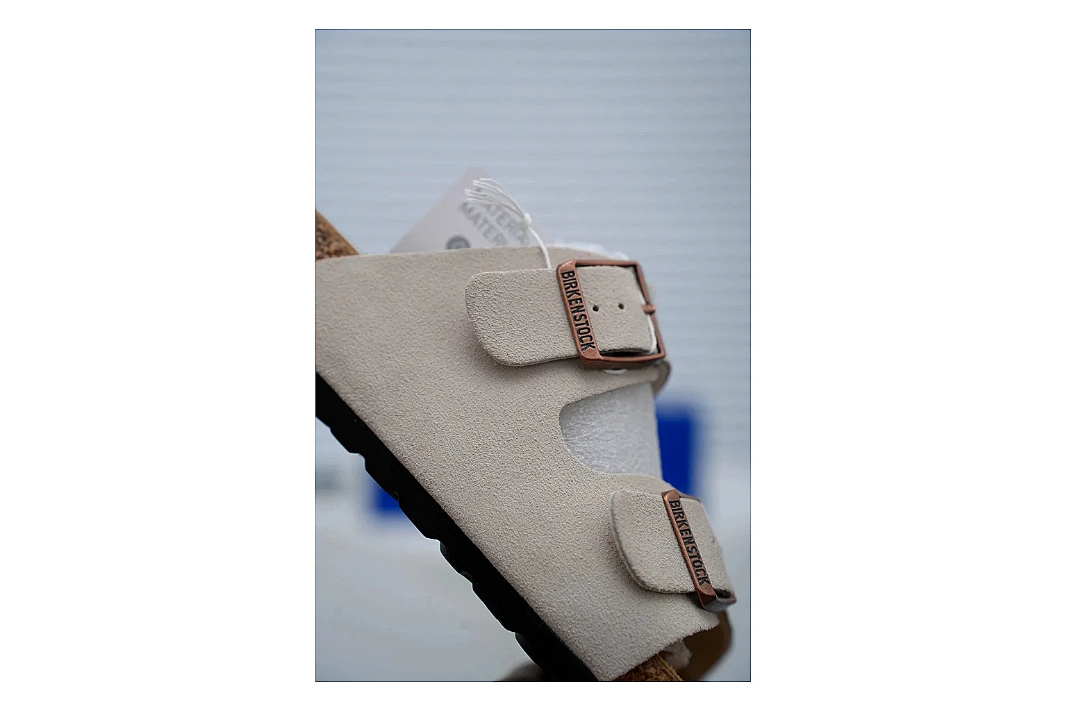 Birkenstock Arizona Cream Cork Slide Sheetbase record image with adjustable buckles, soft neutral upper and contoured footbed for easy casual wear thumbnail 3