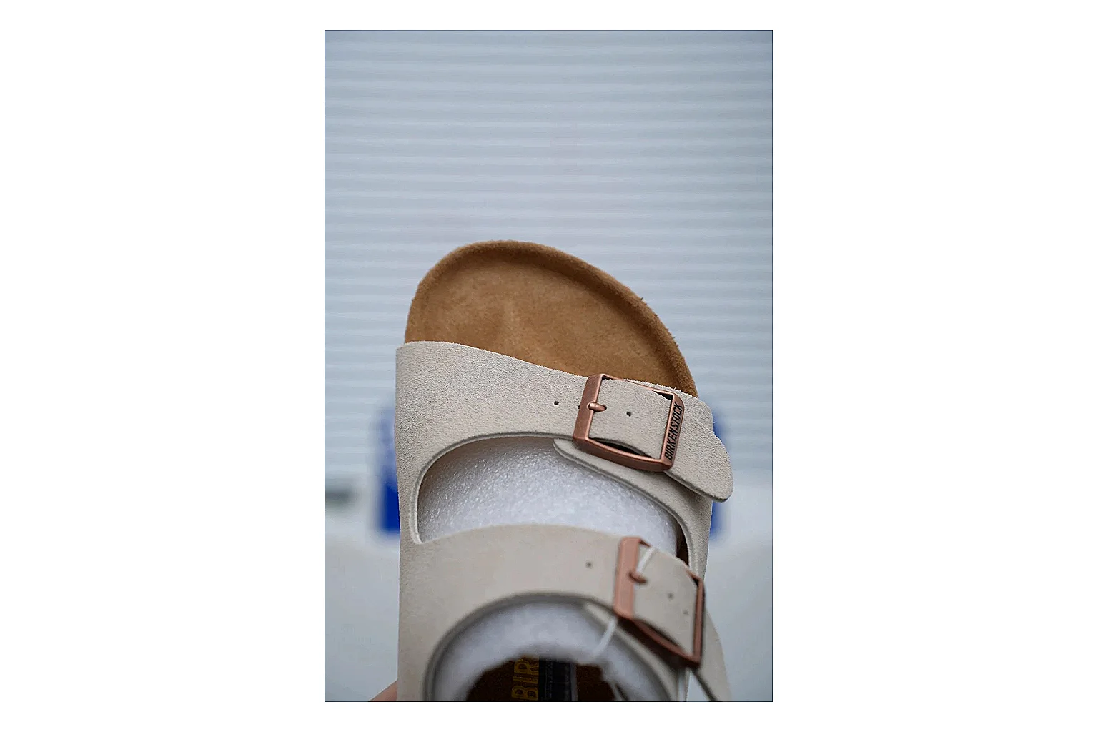 Birkenstock Arizona Cream Cork Slide Sheetbase record image with adjustable buckles, soft neutral upper and contoured footbed for easy casual wear thumbnail 5