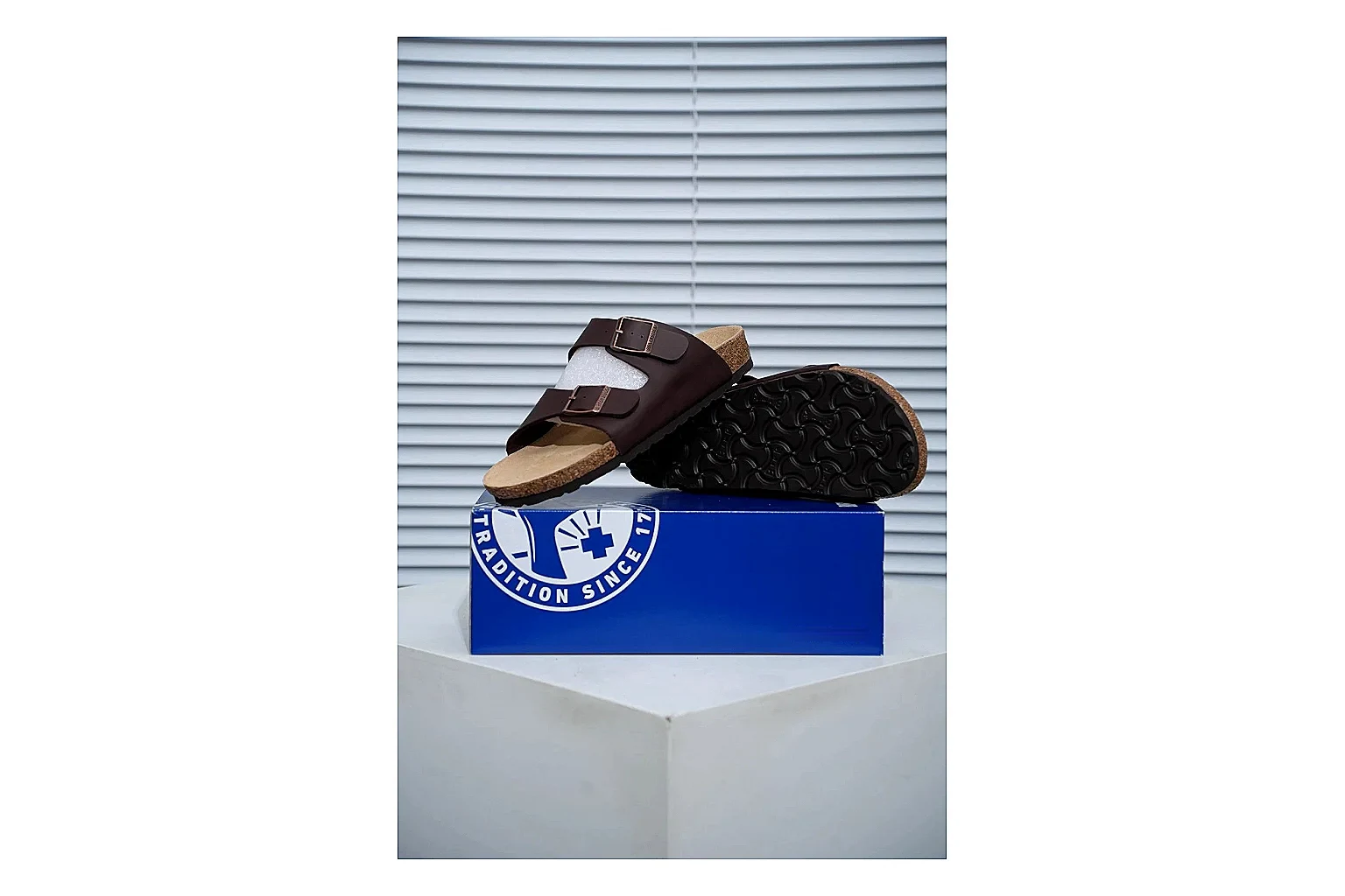 Birkenstock Arizona Mocha Cork Slide Sheetbase record image with adjustable buckles, warm brown upper and contoured footbed for relaxed retro styling thumbnail 6