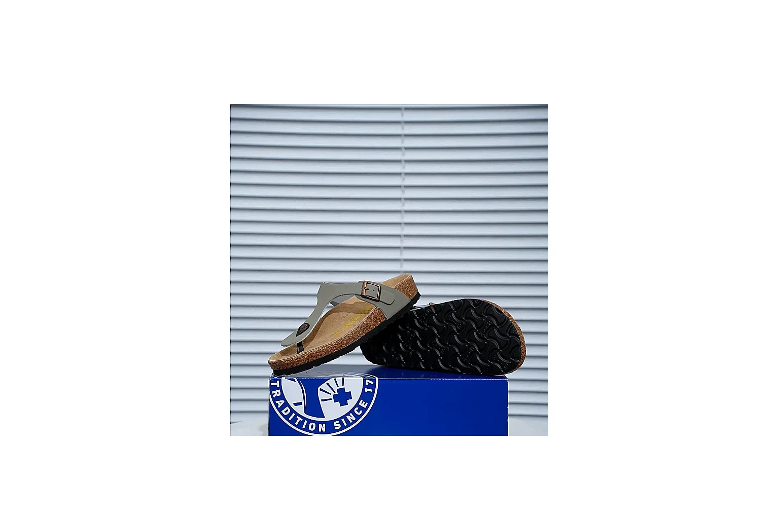Birkenstock Arizona Olive Cork Slide Sheetbase record image with adjustable buckles, muted upper and contoured footbed for outdoor casual style thumbnail 6