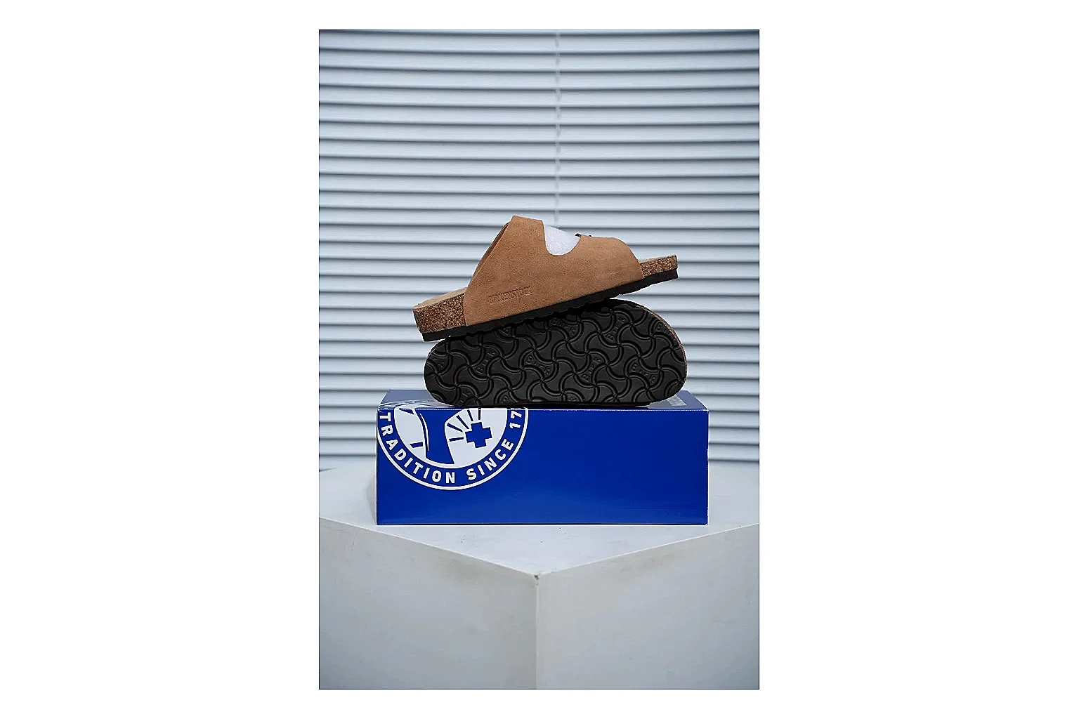 Birkenstock Arizona Tan Cork Slide Sheetbase record image with warm brown upper, adjustable buckles and contoured footbed for easy casual outfits thumbnail 2