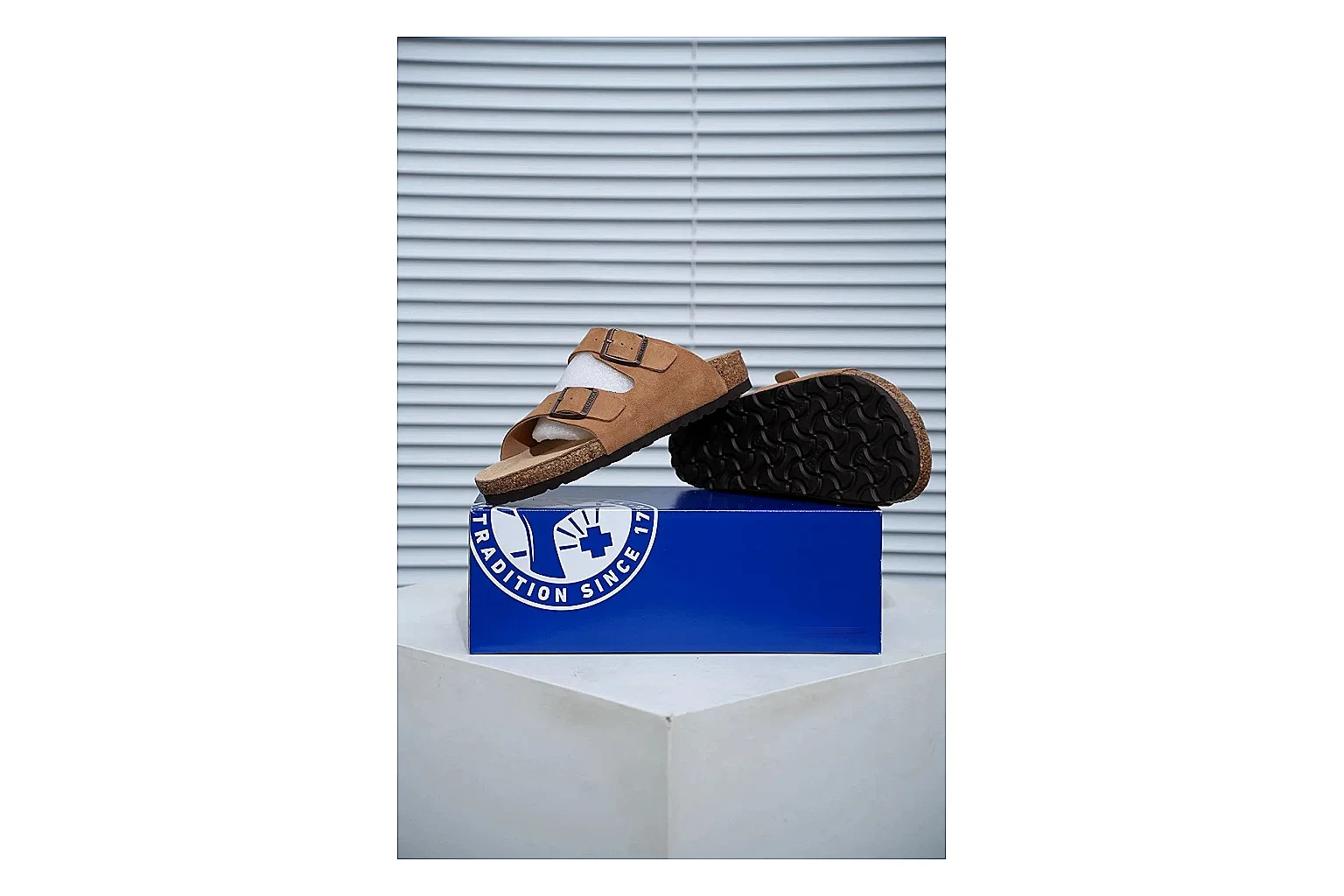 Birkenstock Arizona Tan Cork Slide Sheetbase record image with warm brown upper, adjustable buckles and contoured footbed for easy casual outfits thumbnail 6