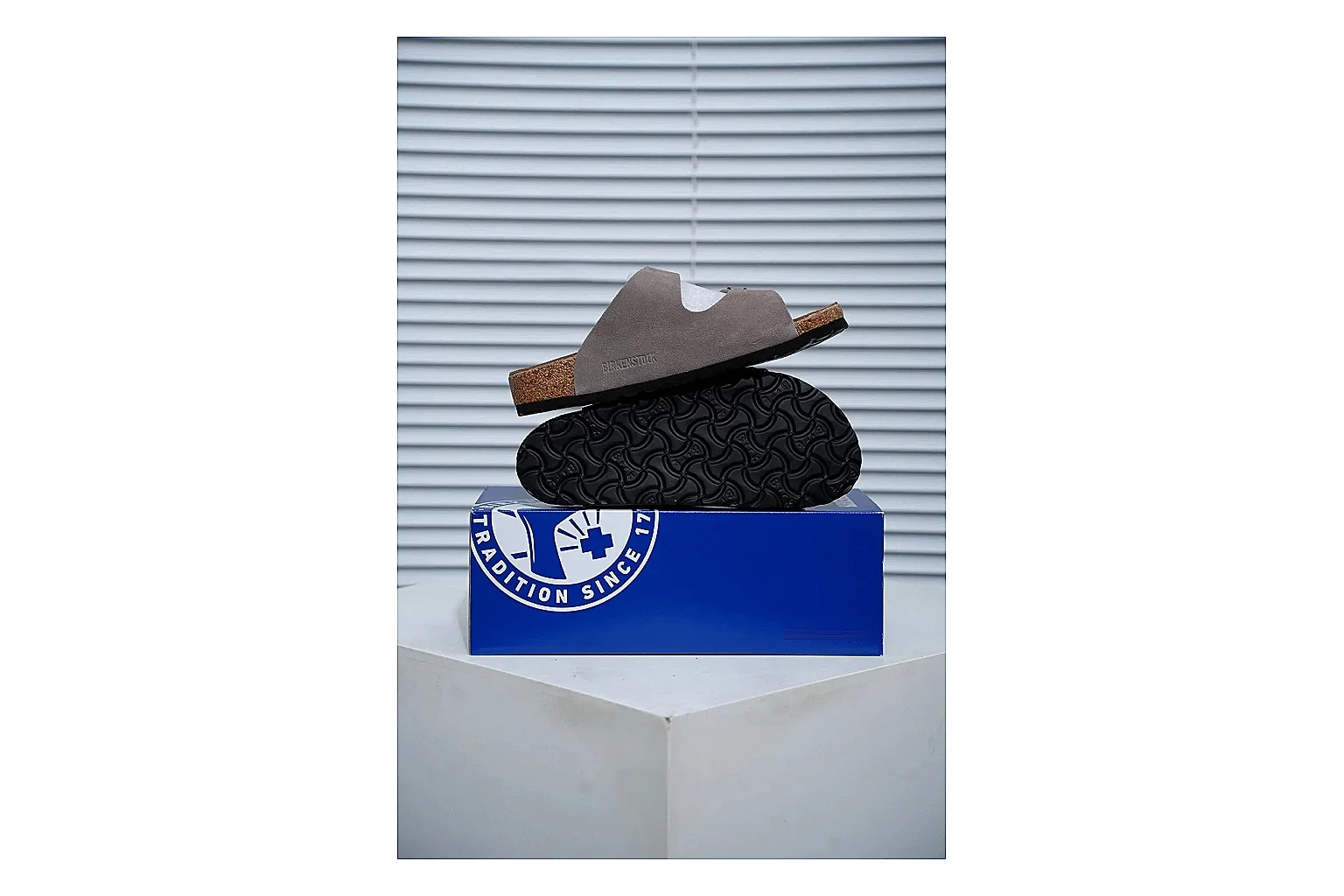 Birkenstock Arizona Taupe Cork Slide Sheetbase record image with suede-look upper, adjustable buckles and contoured footbed for natural everyday styling thumbnail 2