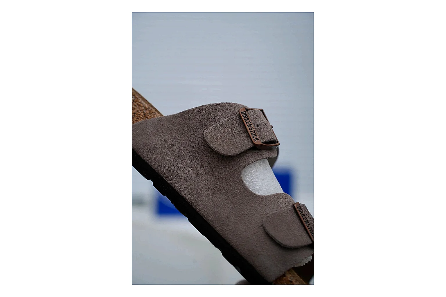 Birkenstock Arizona Taupe Cork Slide Sheetbase record image with suede-look upper, adjustable buckles and contoured footbed for natural everyday styling thumbnail 3