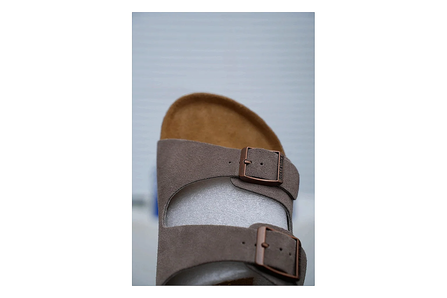 Birkenstock Arizona Taupe Cork Slide Sheetbase record image with suede-look upper, adjustable buckles and contoured footbed for natural everyday styling thumbnail 5
