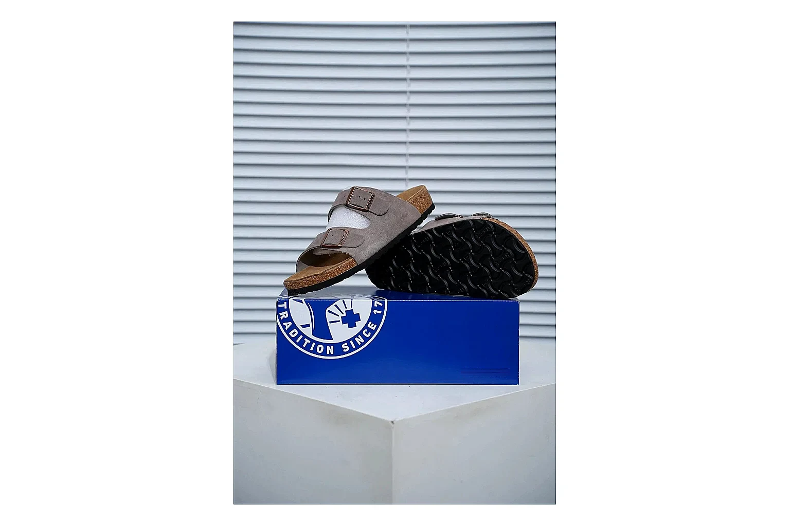 Birkenstock Arizona Taupe Cork Slide Sheetbase record image with suede-look upper, adjustable buckles and contoured footbed for natural everyday styling thumbnail 6