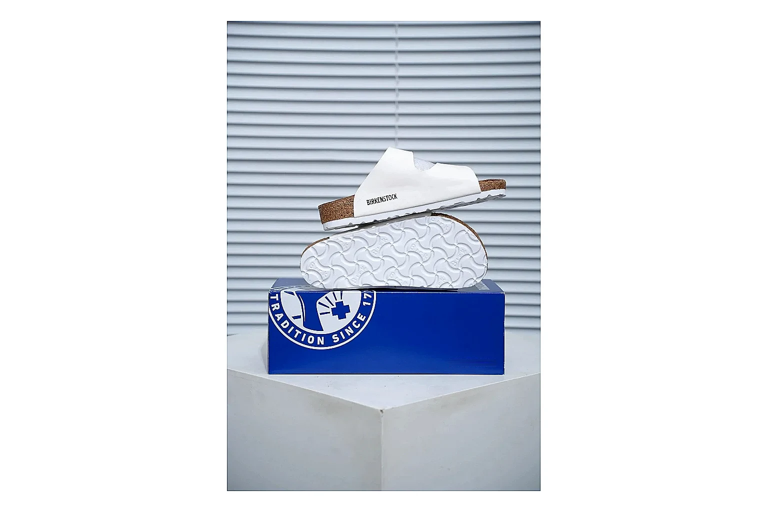 Birkenstock Arizona White Cork Slide Sheetbase record image with adjustable buckles, contoured footbed and black outsole for clean summer casual styling thumbnail 2