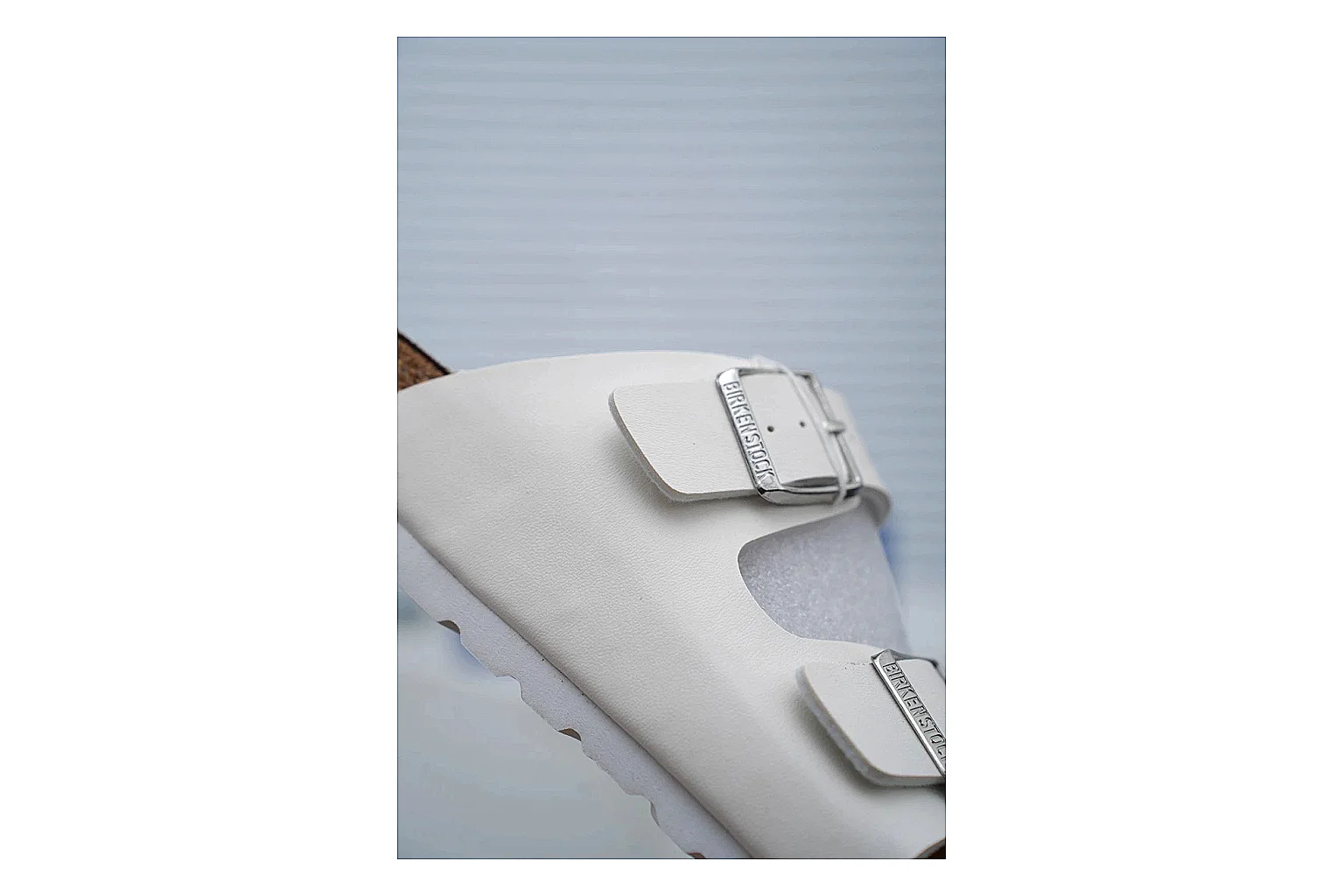 Birkenstock Arizona White Cork Slide Sheetbase record image with adjustable buckles, contoured footbed and black outsole for clean summer casual styling thumbnail 3