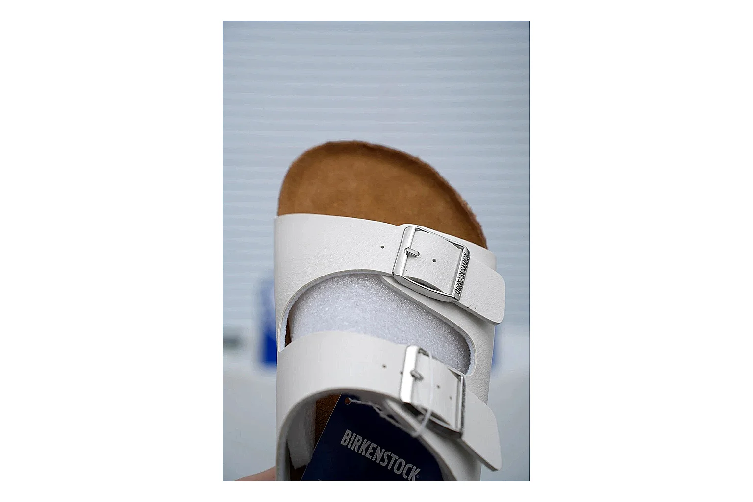 Birkenstock Arizona White Cork Slide Sheetbase record image with adjustable buckles, contoured footbed and black outsole for clean summer casual styling thumbnail 5
