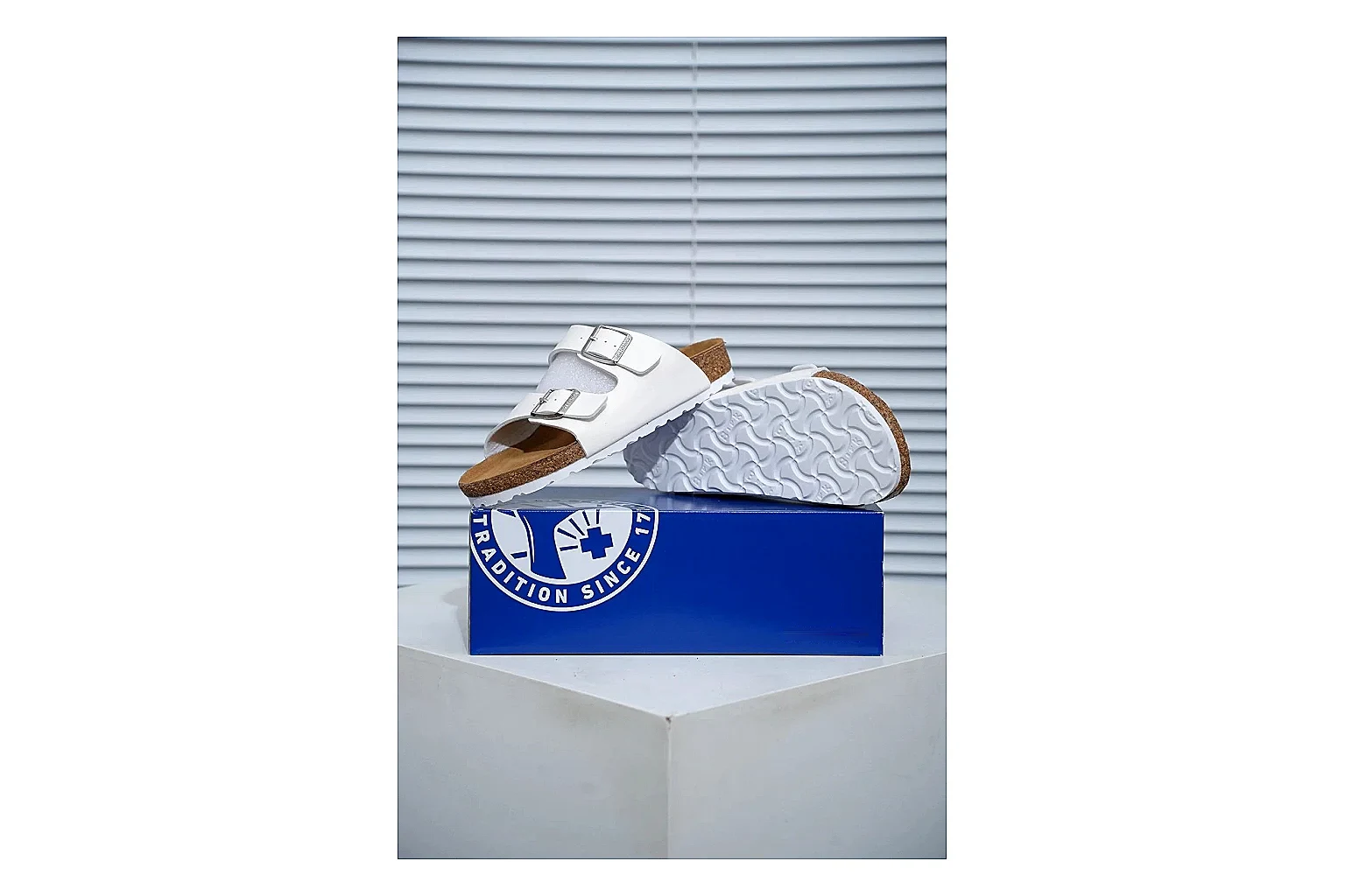 Birkenstock Arizona White Cork Slide Sheetbase record image with adjustable buckles, contoured footbed and black outsole for clean summer casual styling thumbnail 6