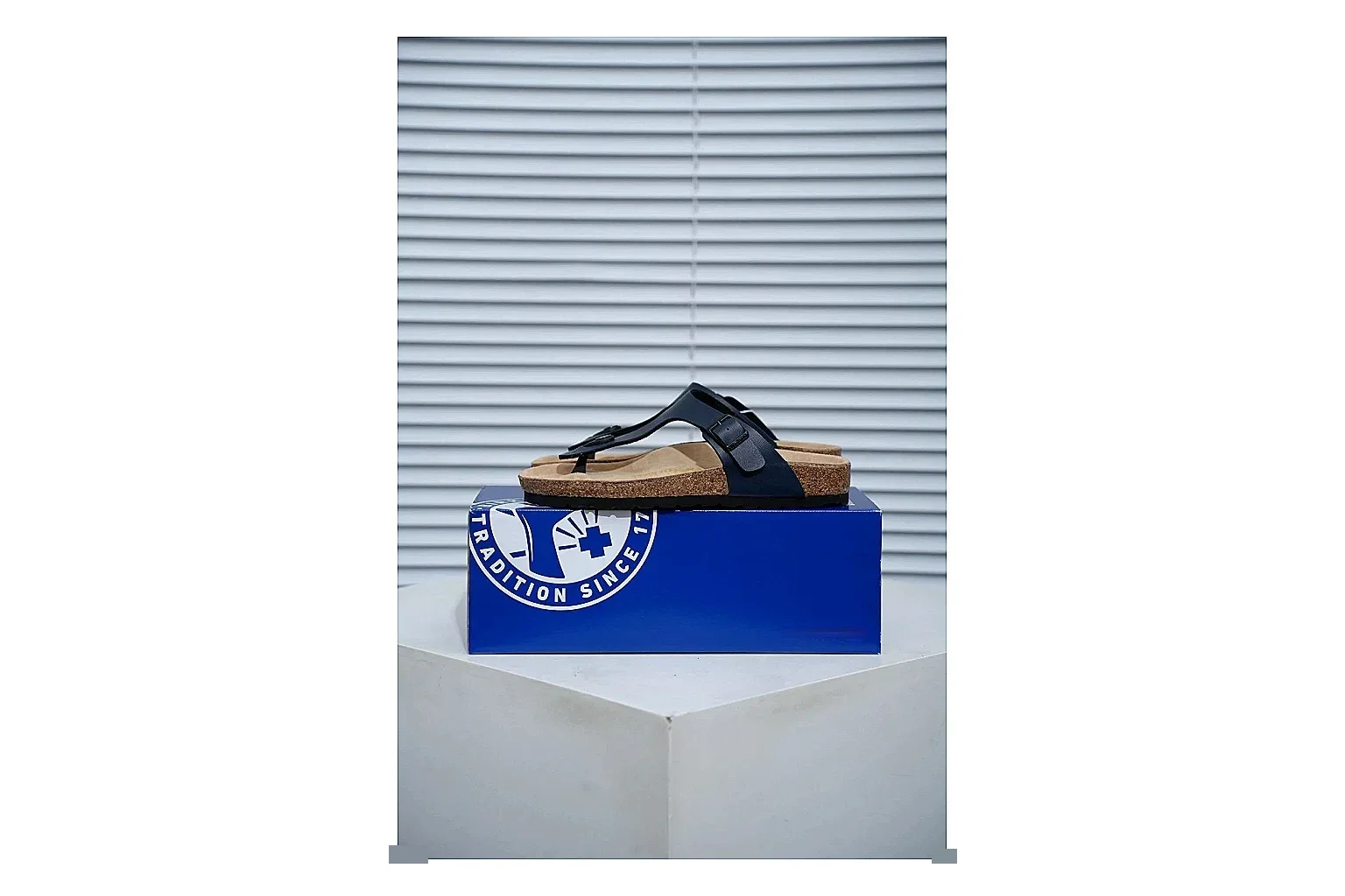 Birkenstock Black Toe Loop Cork Sandal Sheetbase record image with slim straps, adjustable buckle and contoured footbed for light summer wear