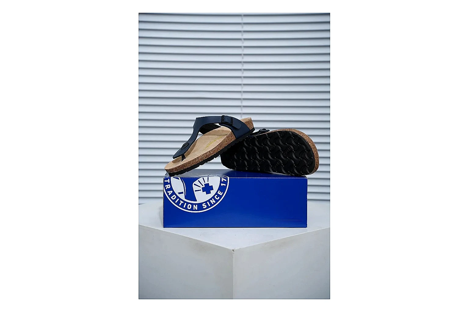 Birkenstock Black Toe Loop Cork Sandal Sheetbase record image with slim straps, adjustable buckle and contoured footbed for light summer wear thumbnail 6