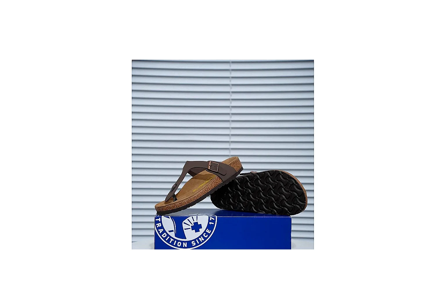 Birkenstock Brown Buckle Cork Slide Sheetbase record image with wide strap, large metal buckle and contoured footbed for classic relaxed styling thumbnail 6