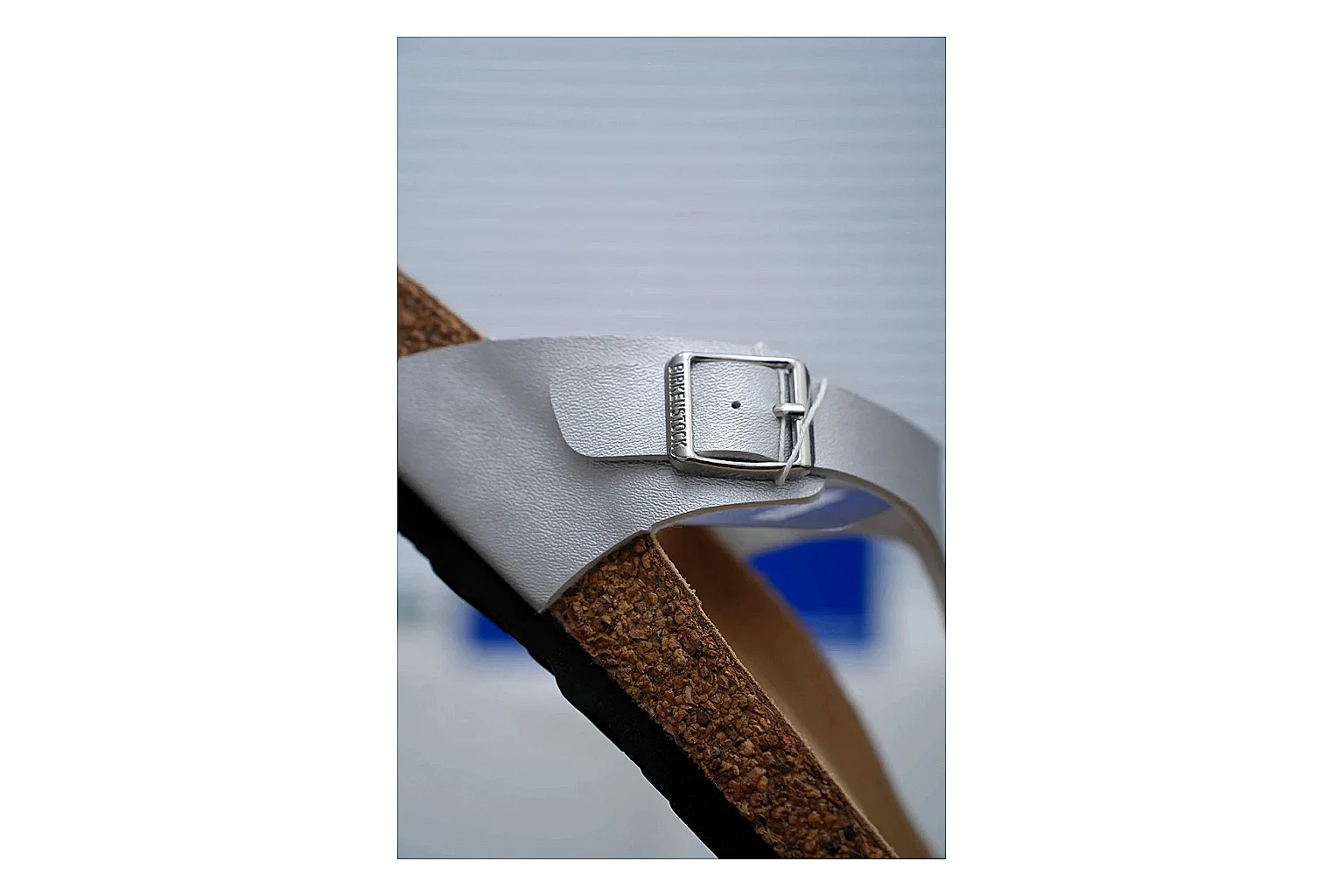Birkenstock Cream Buckle Cork Slide Sheetbase record image with wide strap, large metal buckle and contoured footbed for simple summer comfort thumbnail 3