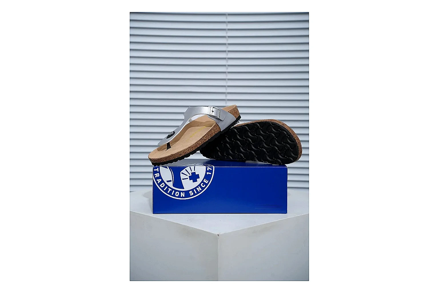 Birkenstock Cream Buckle Cork Slide Sheetbase record image with wide strap, large metal buckle and contoured footbed for simple summer comfort thumbnail 6